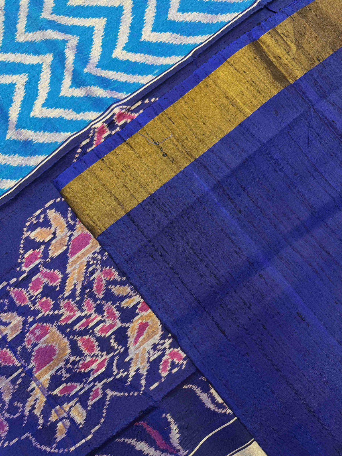 Blue & Turquoise Blue Zig Zag Raw Silk Rajkot Patola Saree