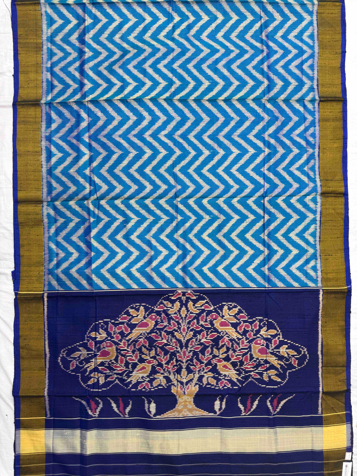 Blue & Turquoise Blue Zig Zag Raw Silk Rajkot Patola Saree