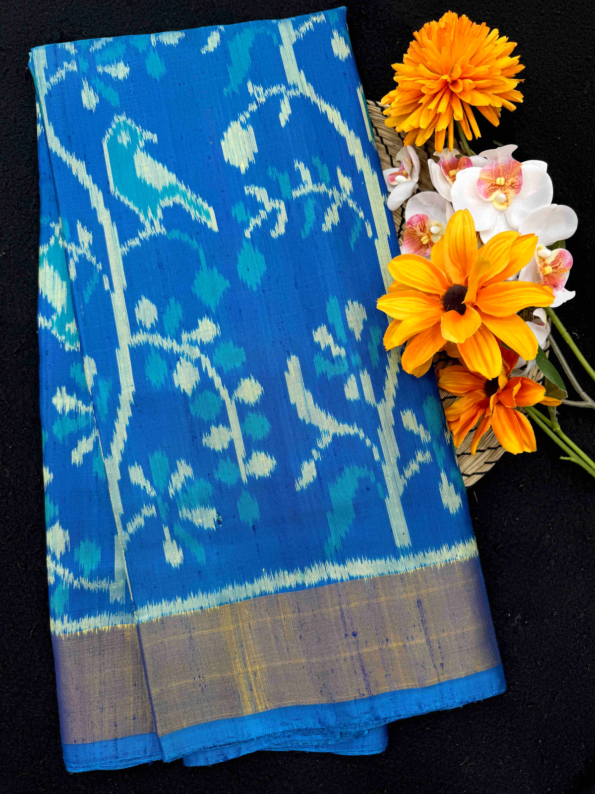 Sky Blue Fancy Birds Leaves Raw Silk Rajkot Patola Saree