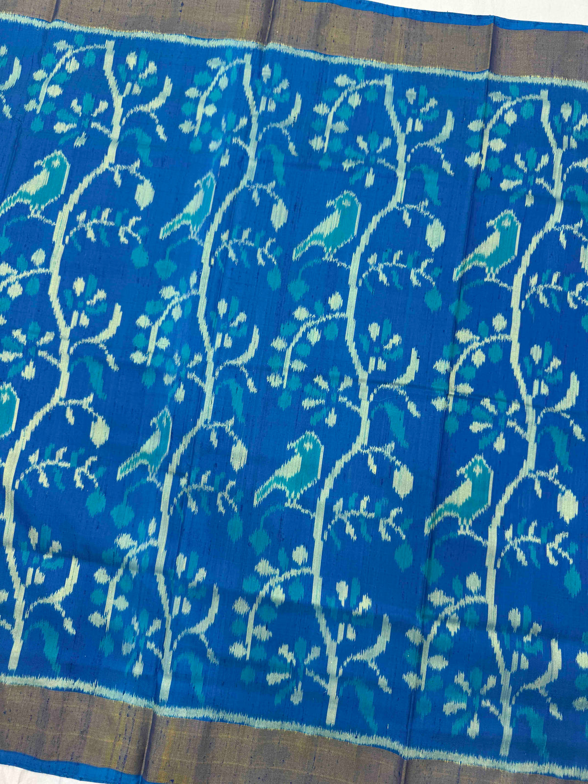Sky Blue Fancy Birds Leaves Raw Silk Rajkot Patola Saree