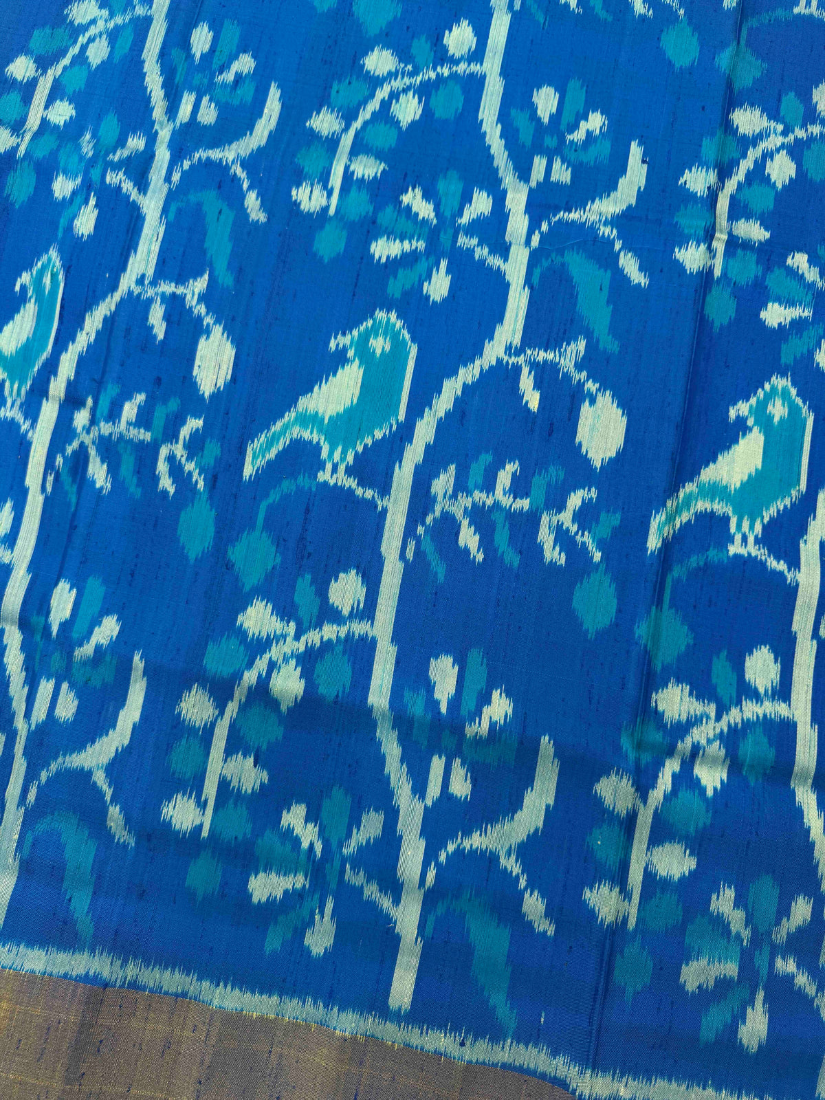 Sky Blue Fancy Birds Leaves Raw Silk Rajkot Patola Saree