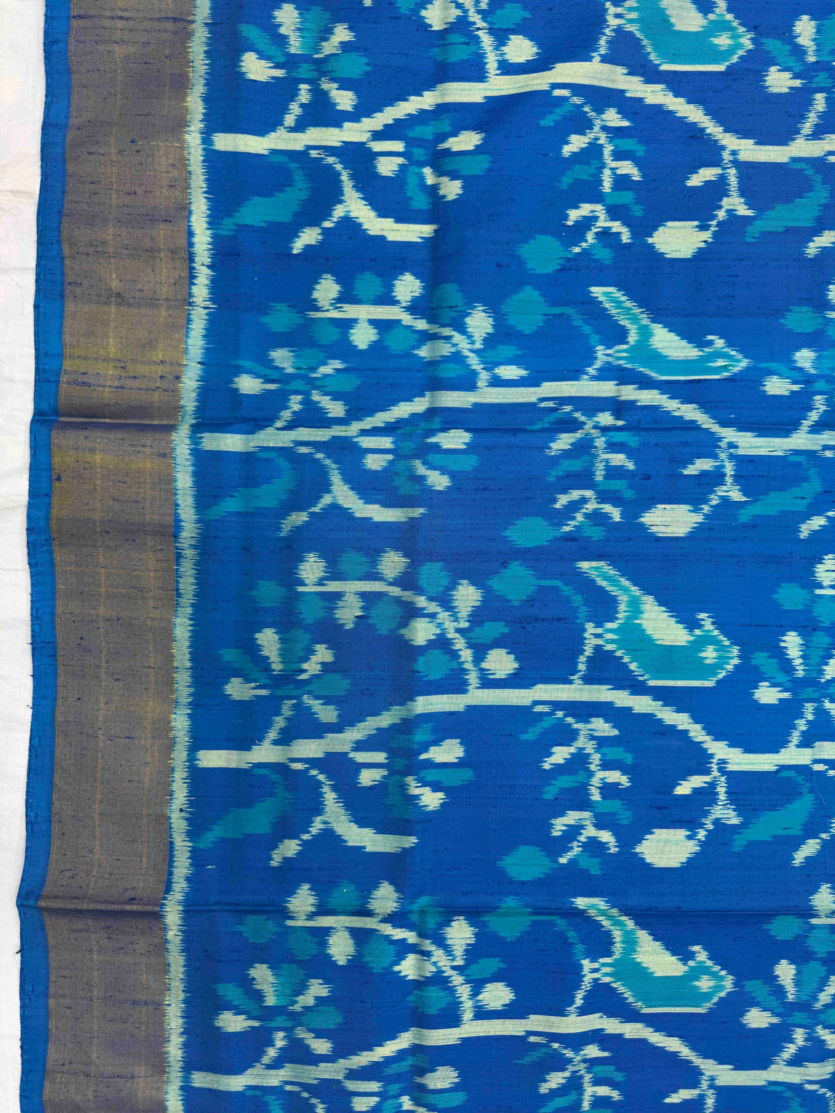 Sky Blue Fancy Birds Leaves Raw Silk Rajkot Patola Saree