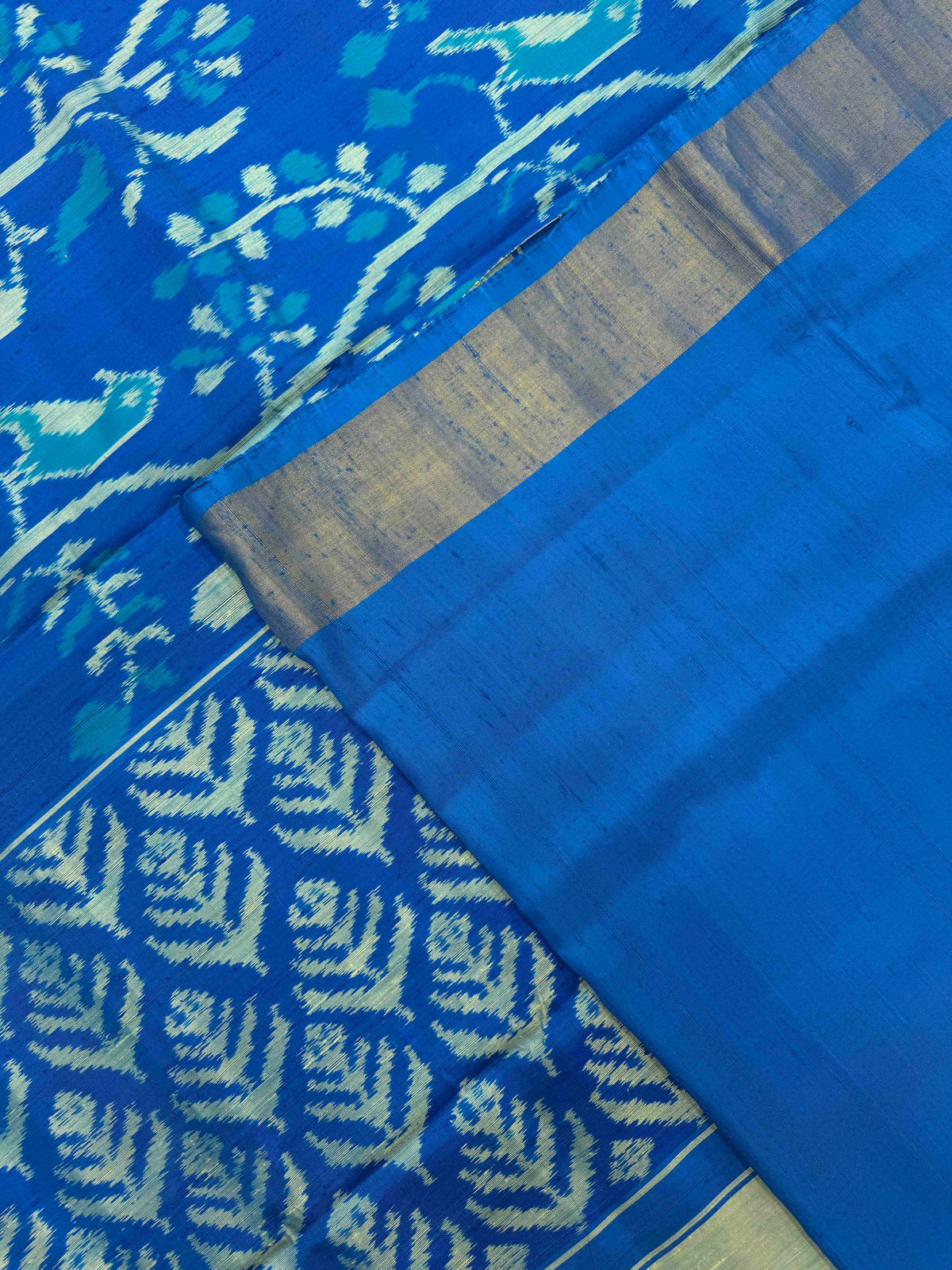 Sky Blue Fancy Birds Leaves Raw Silk Rajkot Patola Saree