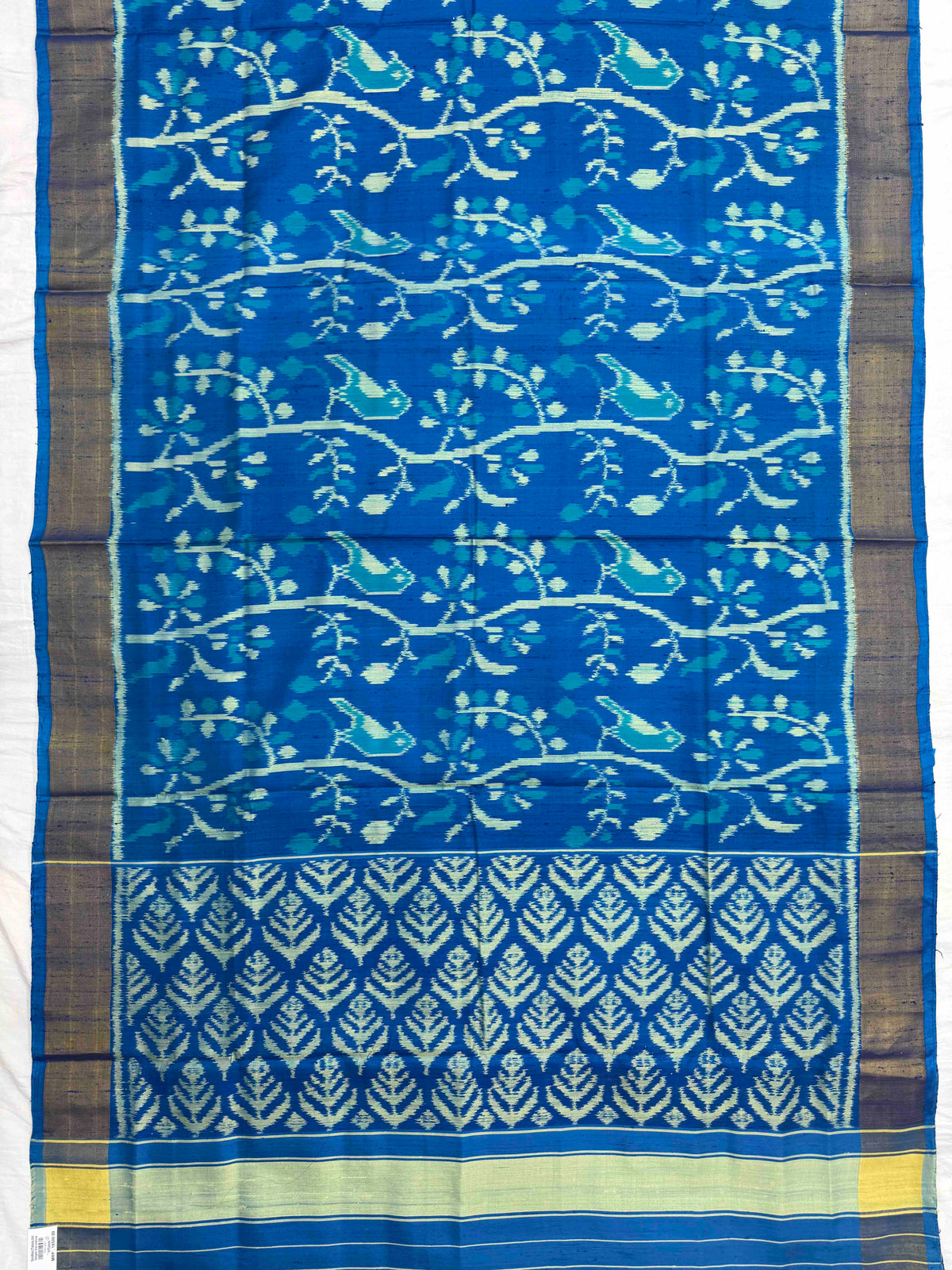 Sky Blue Fancy Birds Leaves Raw Silk Rajkot Patola Saree