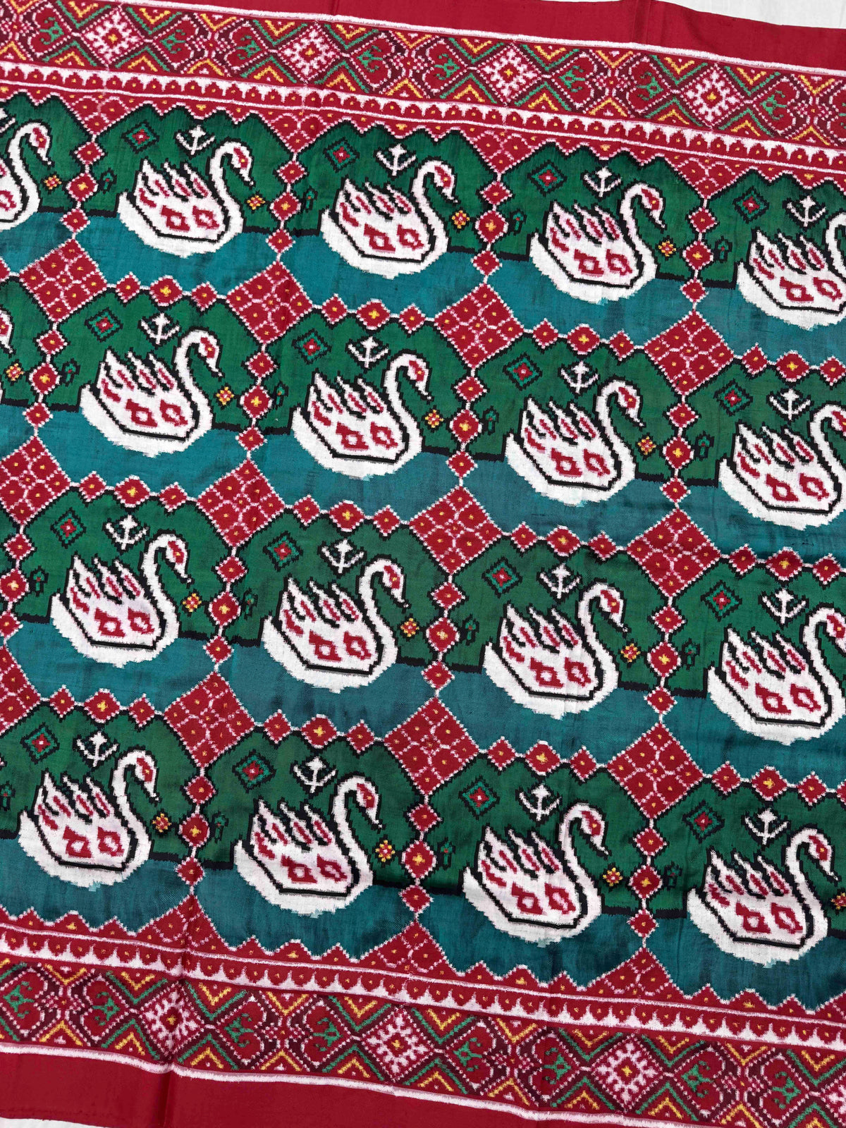Red & Turquoise Big Figure Swan Double Ikat Patan Patola Saree
