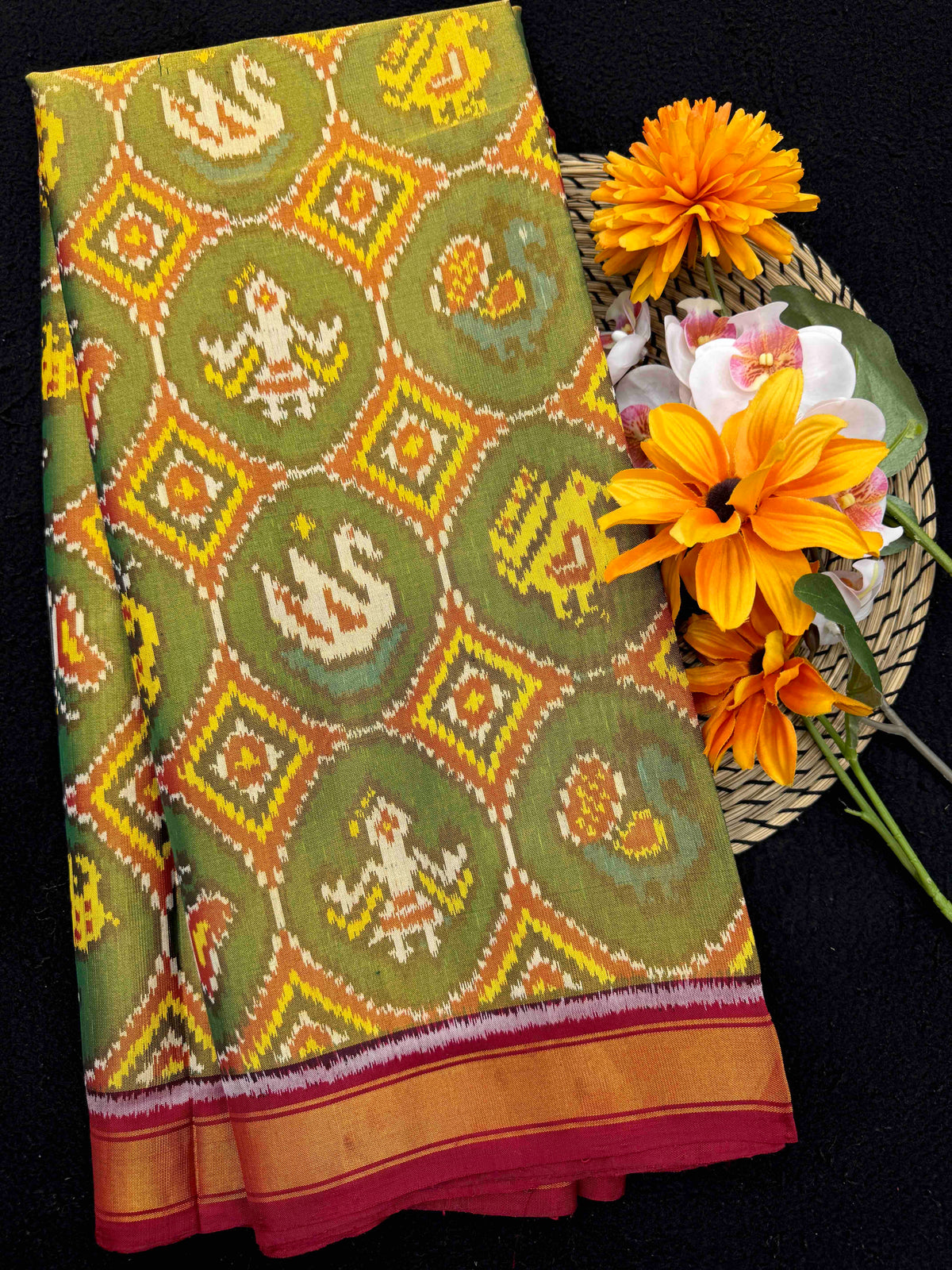 Maroon & Green Small Circle Narikunj Tissue Patola Saree