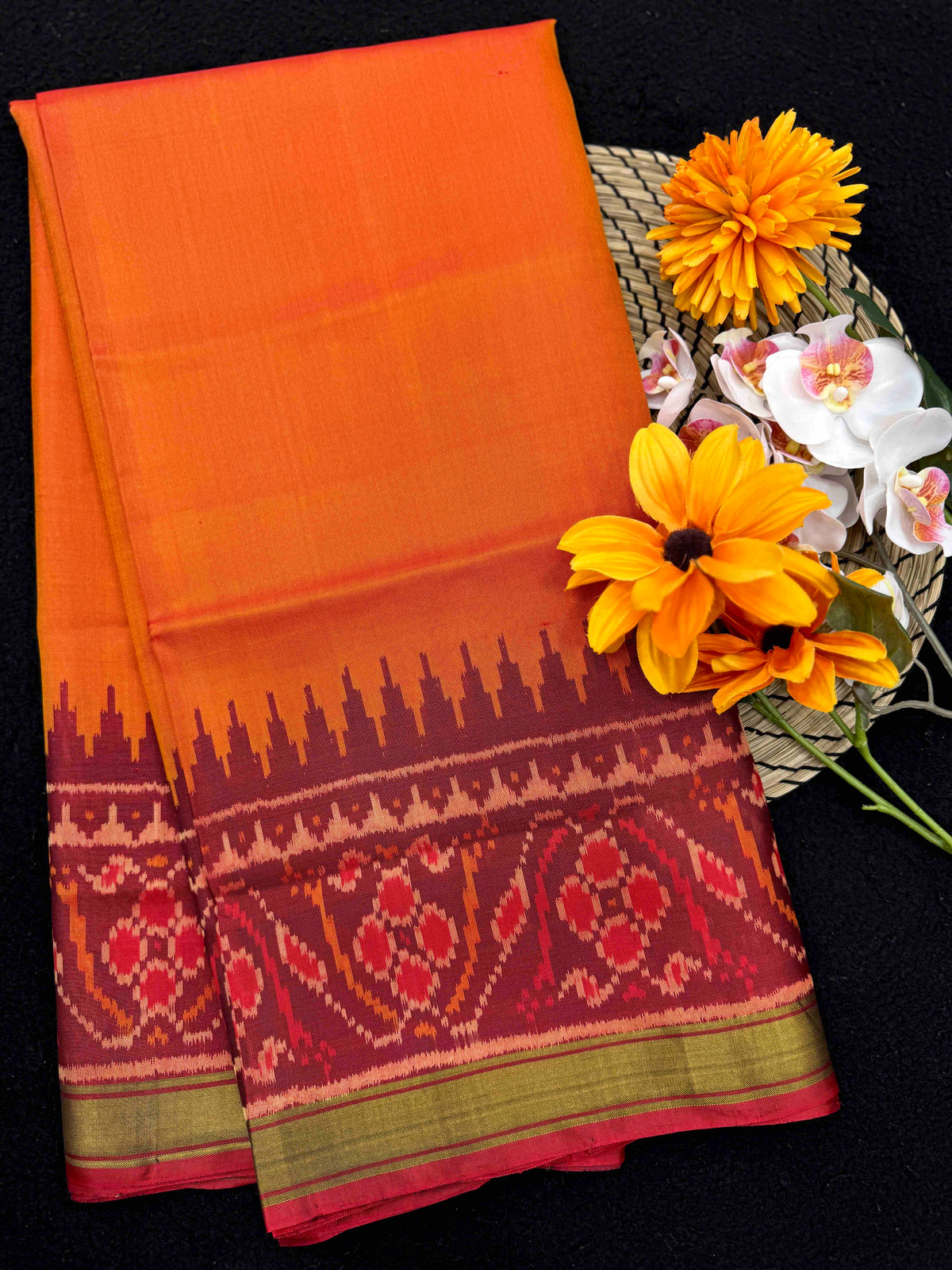 Maroon & Orange Plain Rajkot Patola Saree
