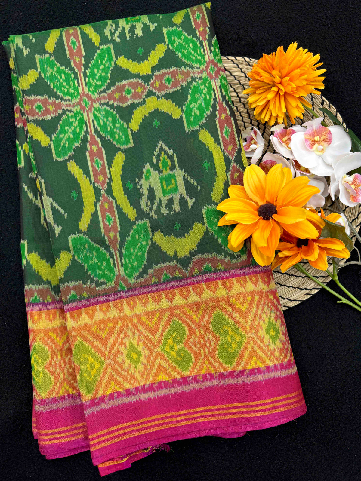 Pink & Green Fancy Elephant Leaves Rajkot Patola Saree