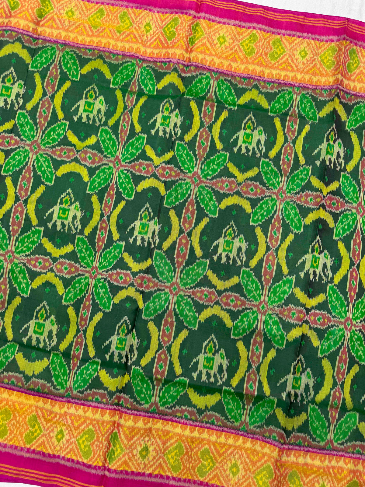Pink & Green Fancy Elephant Leaves Rajkot Patola Saree