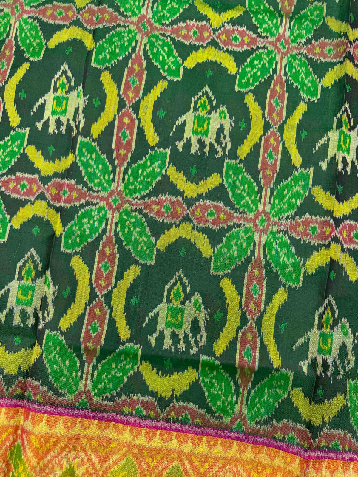 Pink & Green Fancy Elephant Leaves Rajkot Patola Saree