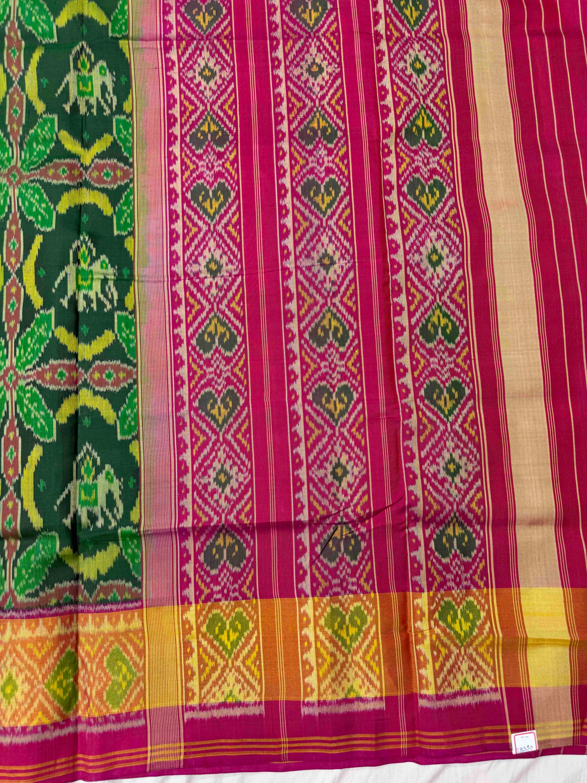 Pink & Green Fancy Elephant Leaves Rajkot Patola Saree