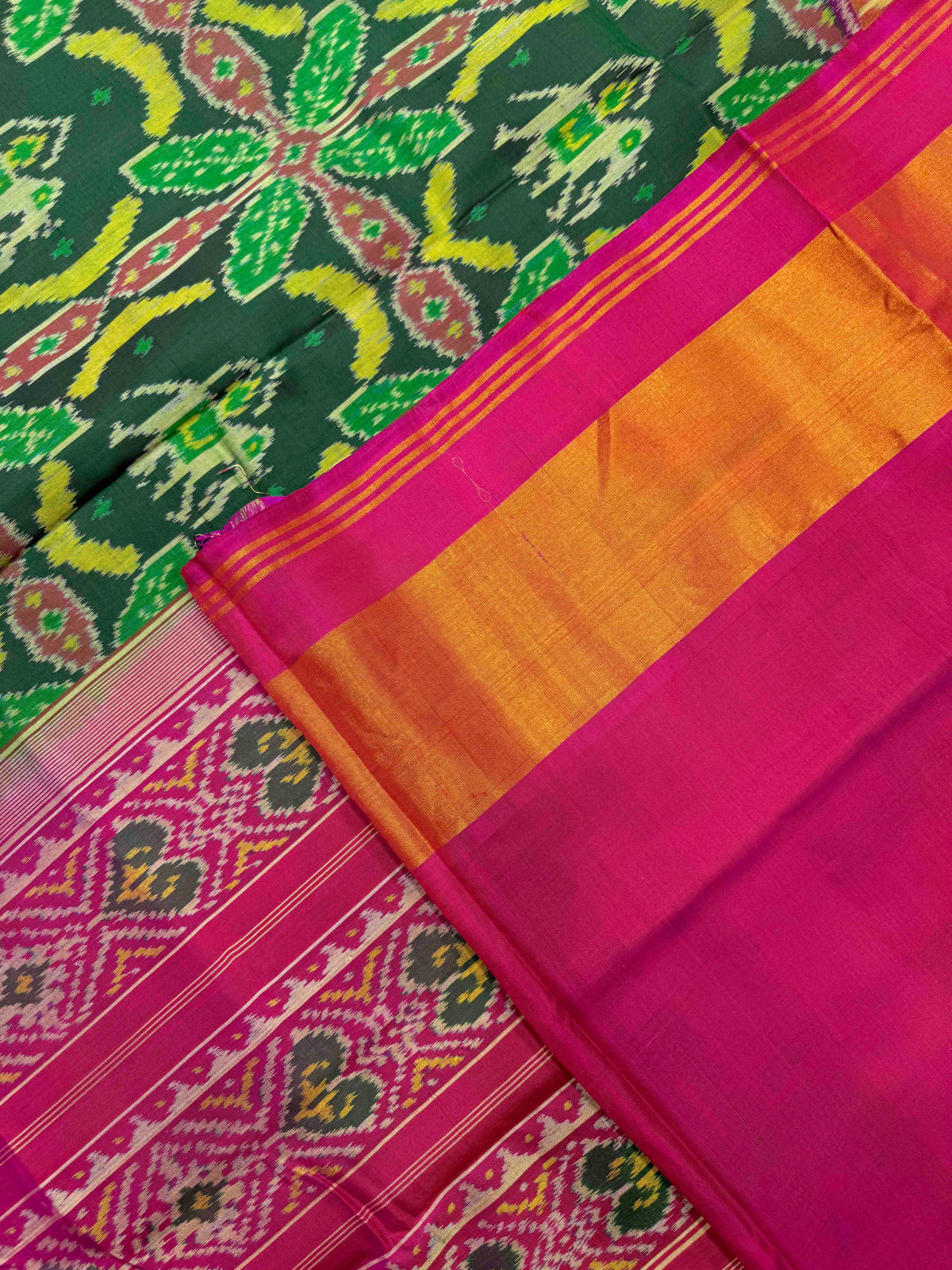 Pink & Green Fancy Elephant Leaves Rajkot Patola Saree