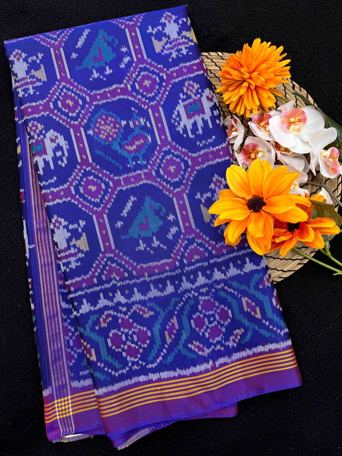 Purple Blue Small Narikunj Single Ikat Patan Patola Saree