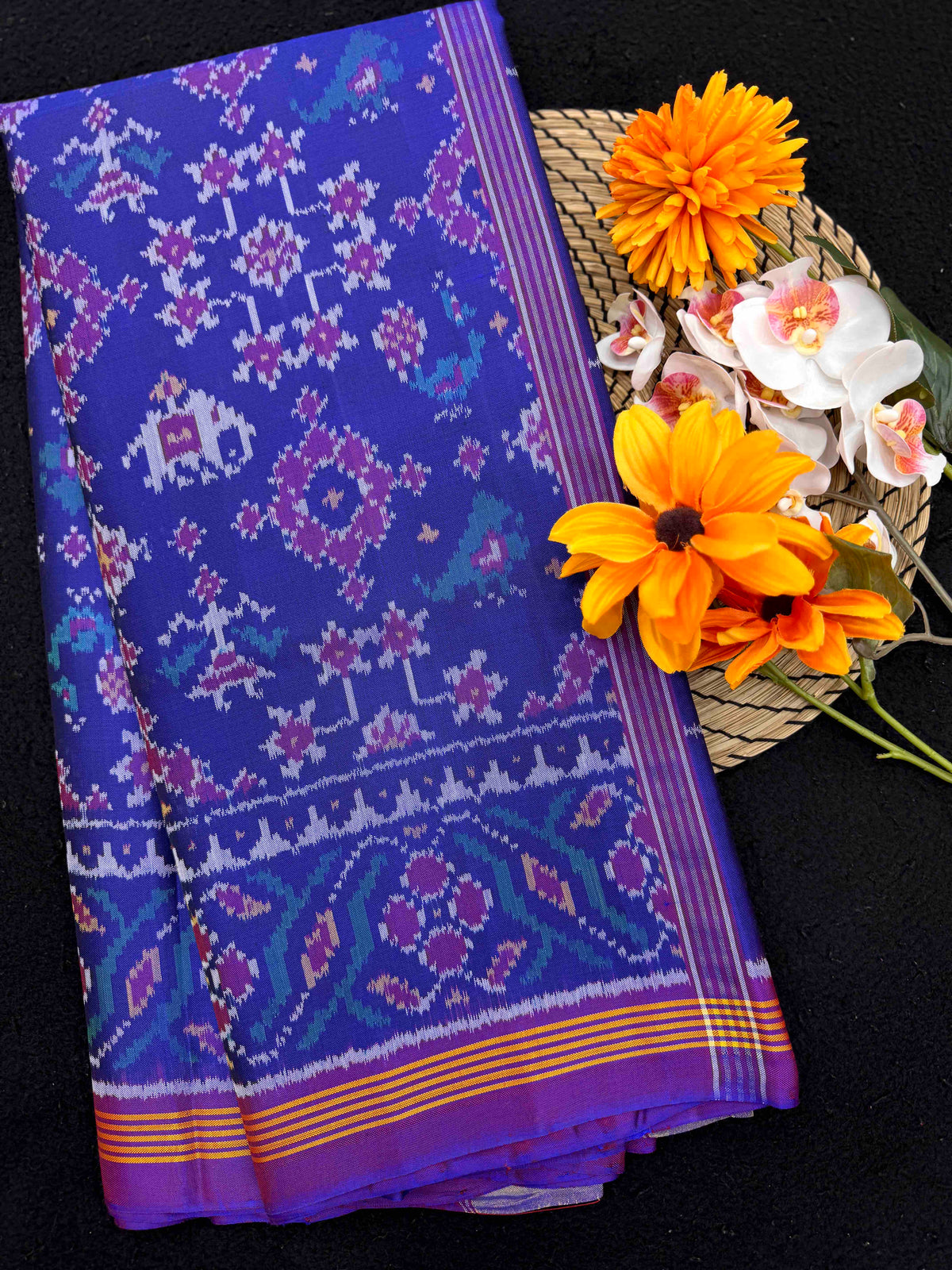 Purple Blue Navratan Narikunj Single Ikat Patan Patola Saree