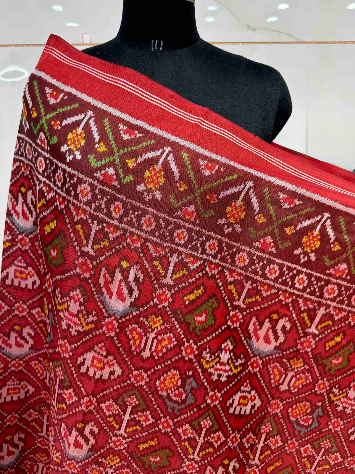 Red Small Narikunj Semi Double Ikat Patola Dupatta