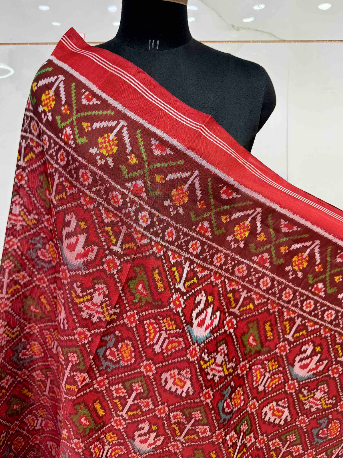 Red Small Narikunj Semi Double Ikat Patola Dupatta