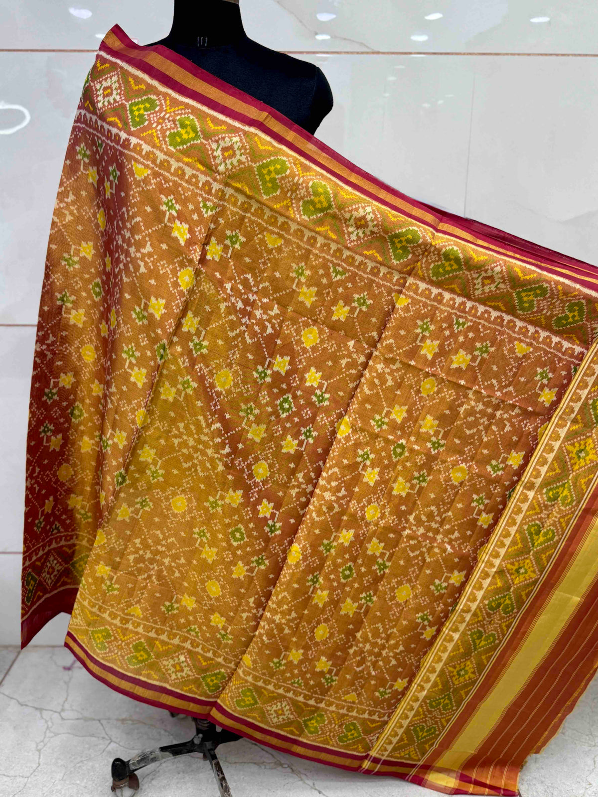 Maroon & Golden Navratan Tissue Patola Dupatta