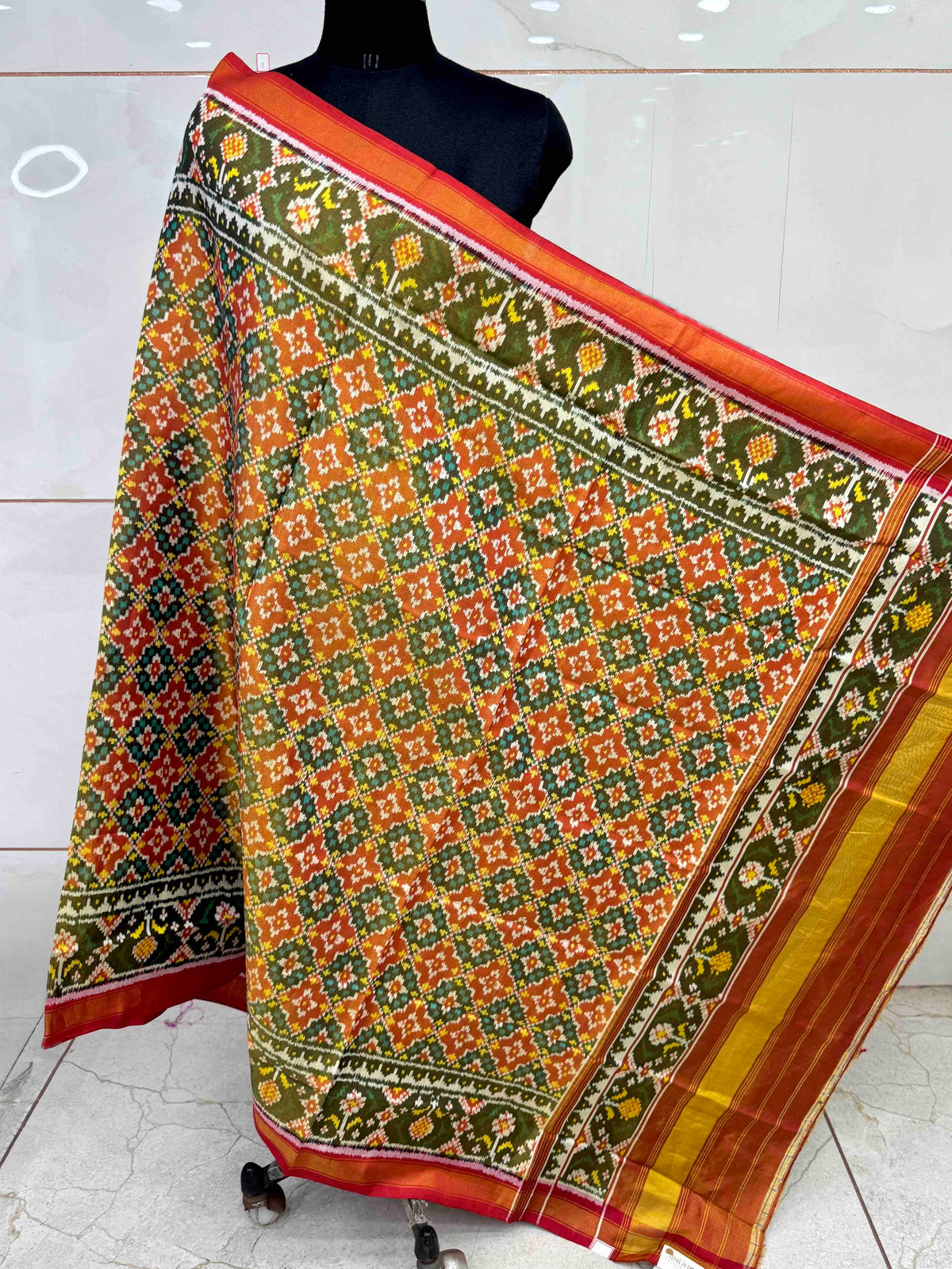 Red & Rust Buttonful Tissue Patola Dupatta