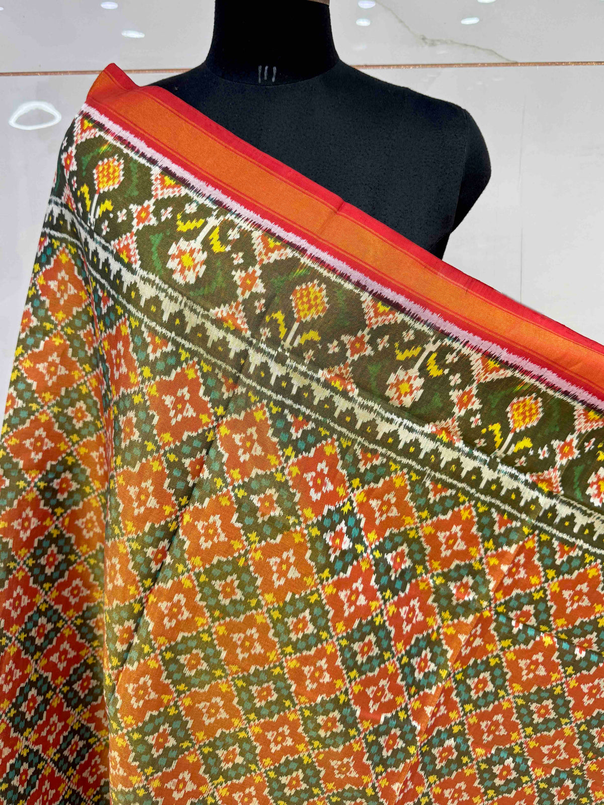 Red & Rust Buttonful Tissue Patola Dupatta