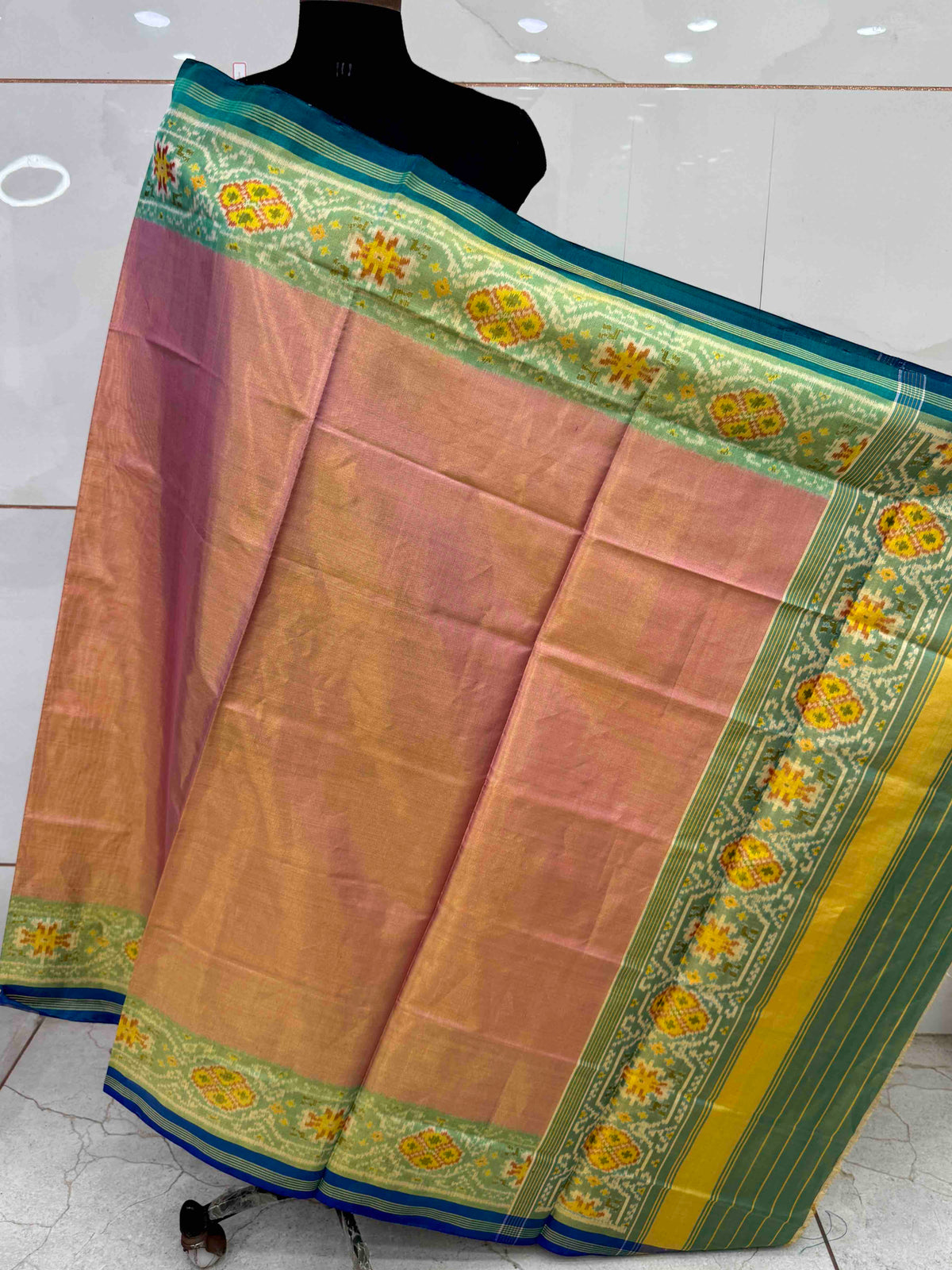 Turquoise & Peach Plain Tissue Patola Dupatta