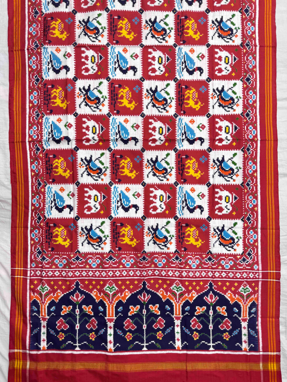 Tomato Red & White Square Narikunj Double Ikat Patan Patola Dupatta