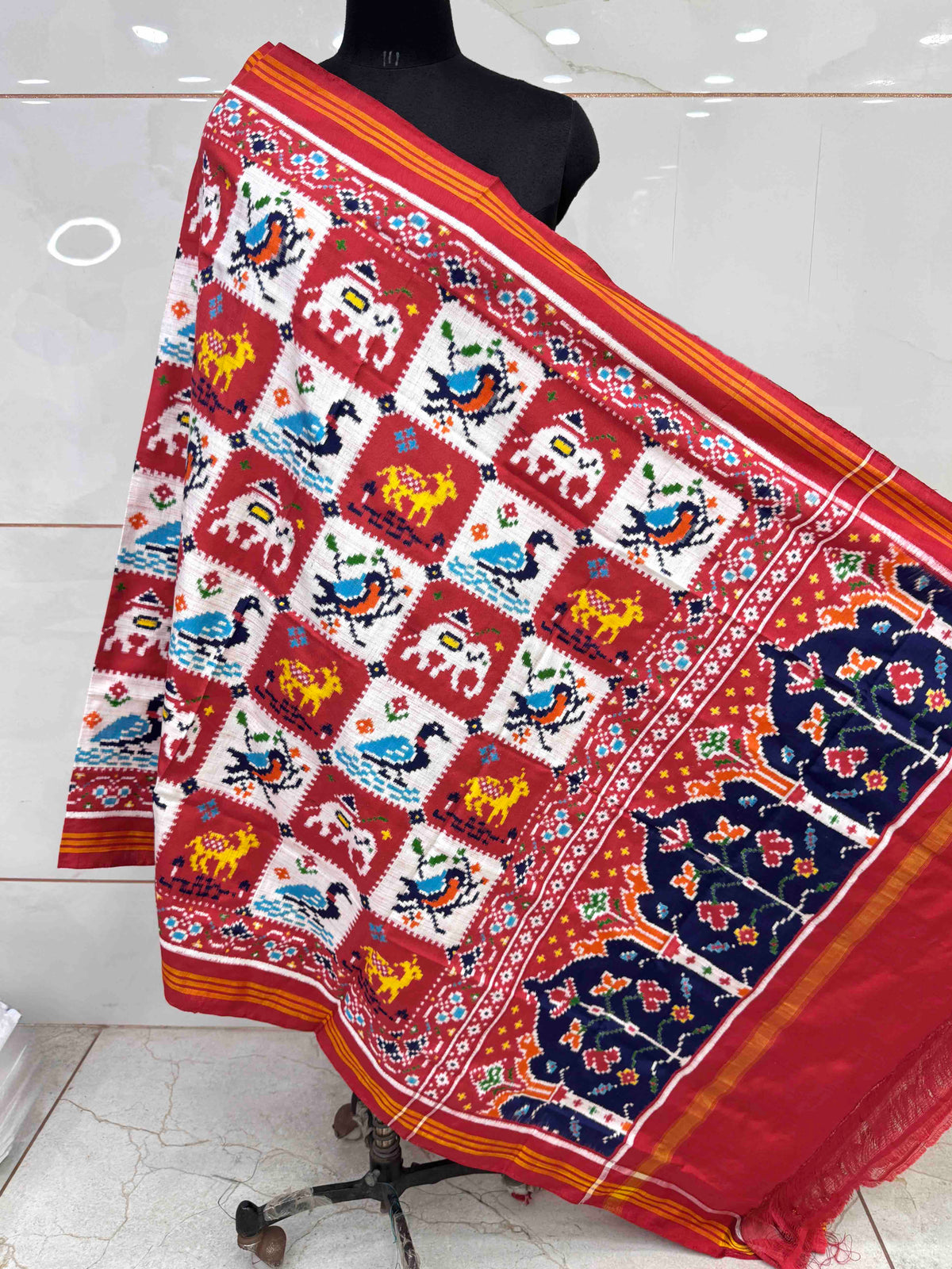 Tomato Red & White Square Narikunj Double Ikat Patan Patola Dupatta