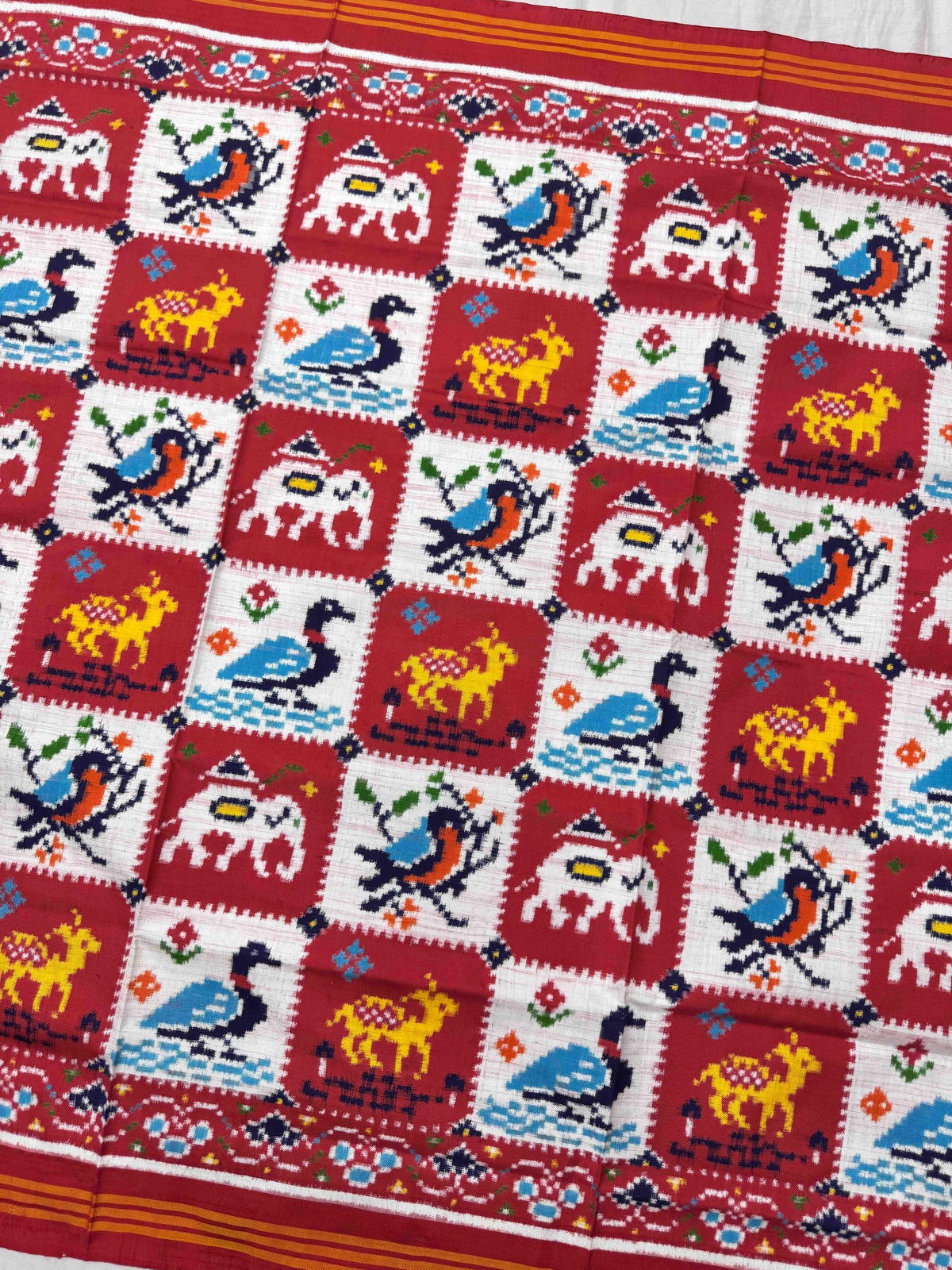 Tomato Red & White Square Narikunj Double Ikat Patan Patola Dupatta