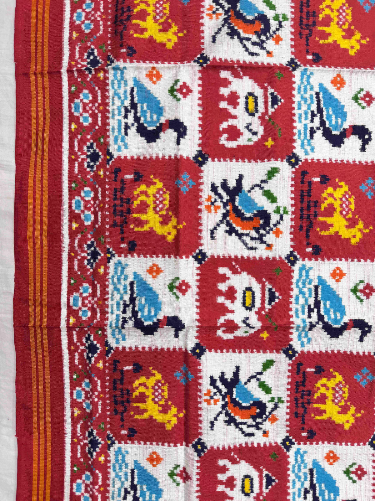 Tomato Red & White Square Narikunj Double Ikat Patan Patola Dupatta