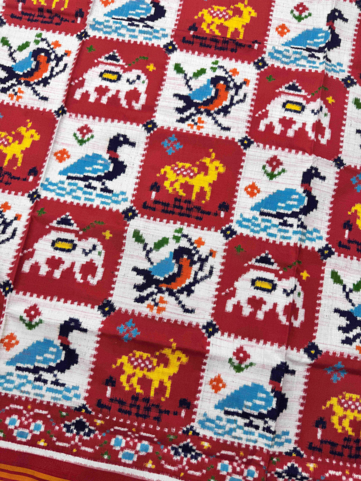 Tomato Red & White Square Narikunj Double Ikat Patan Patola Dupatta