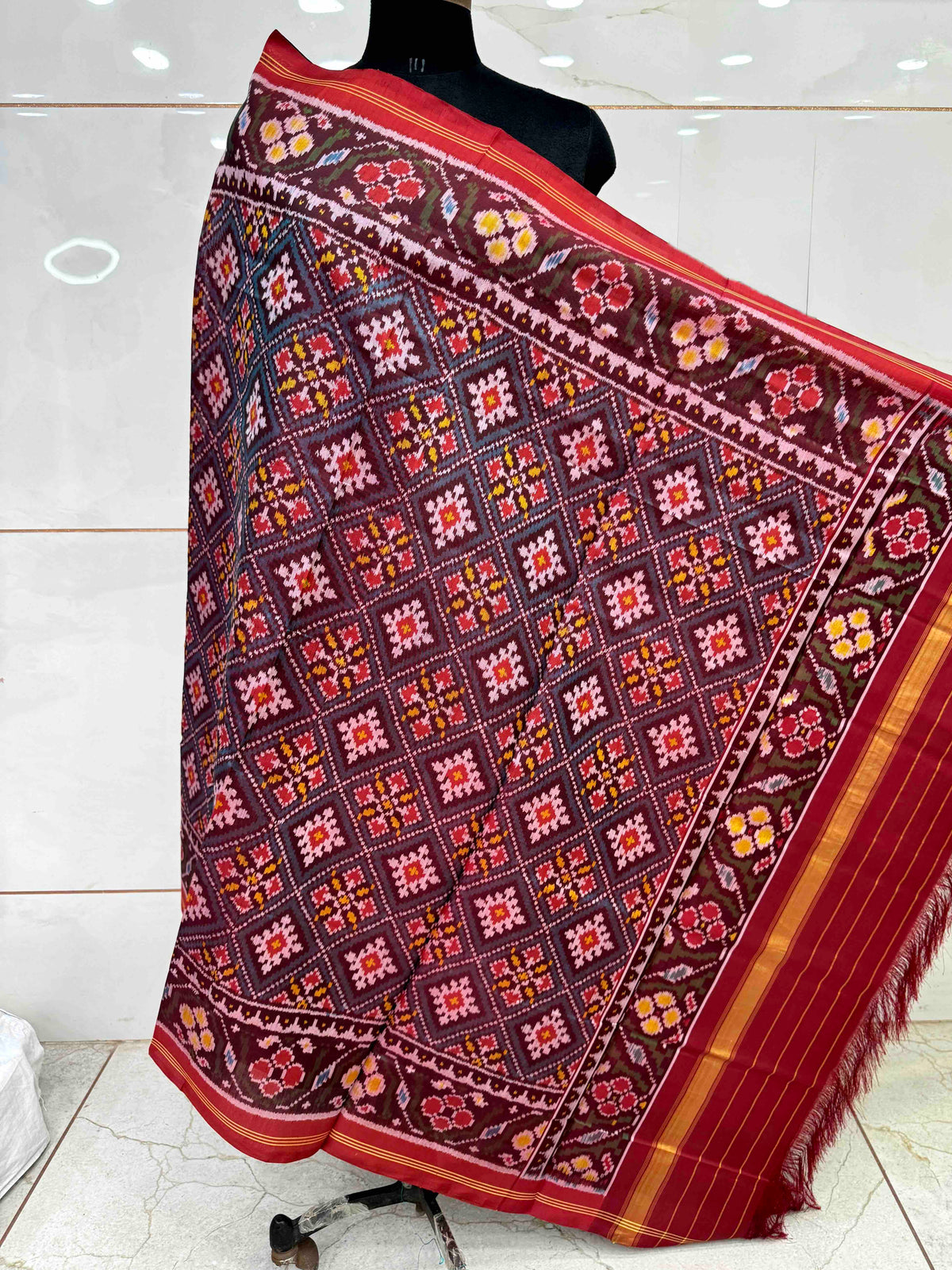 Red & Greyish Blue Panchanda Semi Double Ikat Patola Dupatta