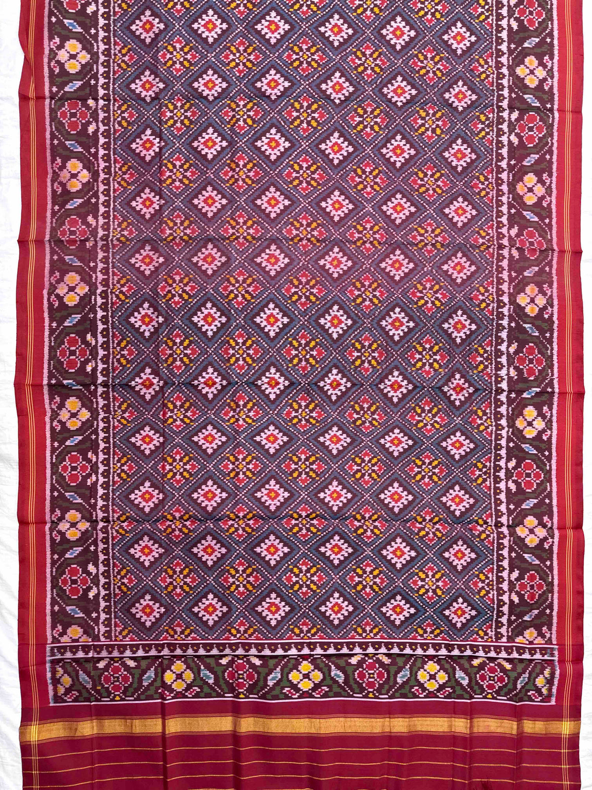 Red & Greyish Blue Panchanda Semi Double Ikat Patola Dupatta