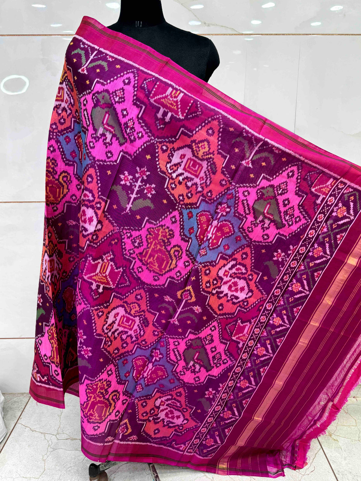 Pink & Multicolour Fancy Narikunj Semi Double Ikat Patola Dupatta