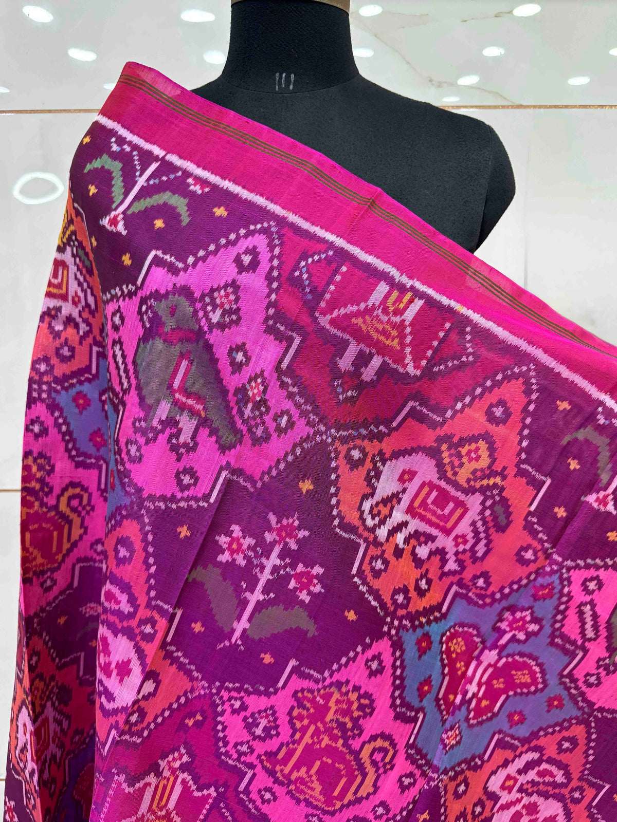 Pink & Multicolour Fancy Narikunj Semi Double Ikat Patola Dupatta