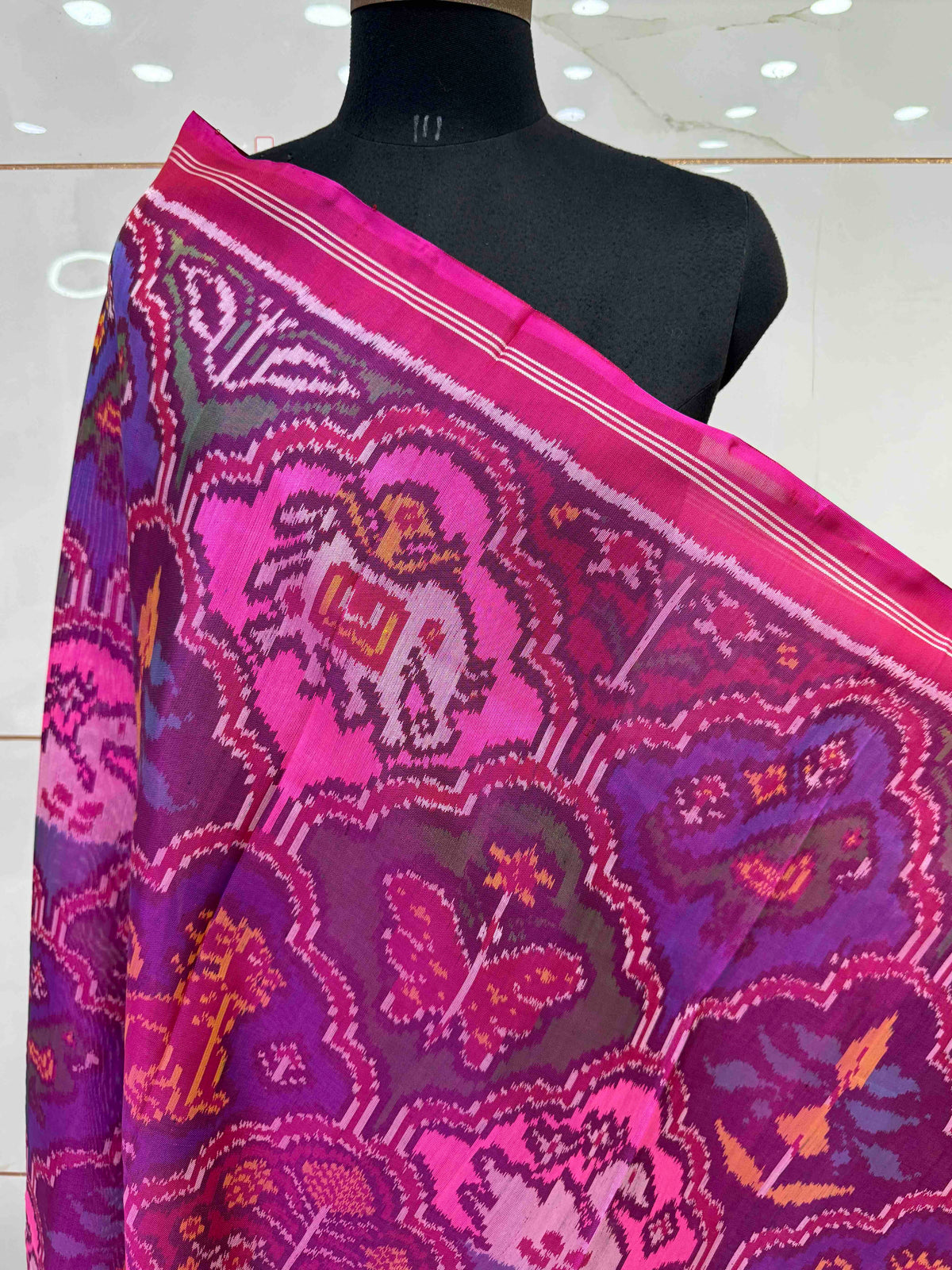 Pink & Multicolour Fancy Narikunj Semi Double Ikat Patola Dupatta