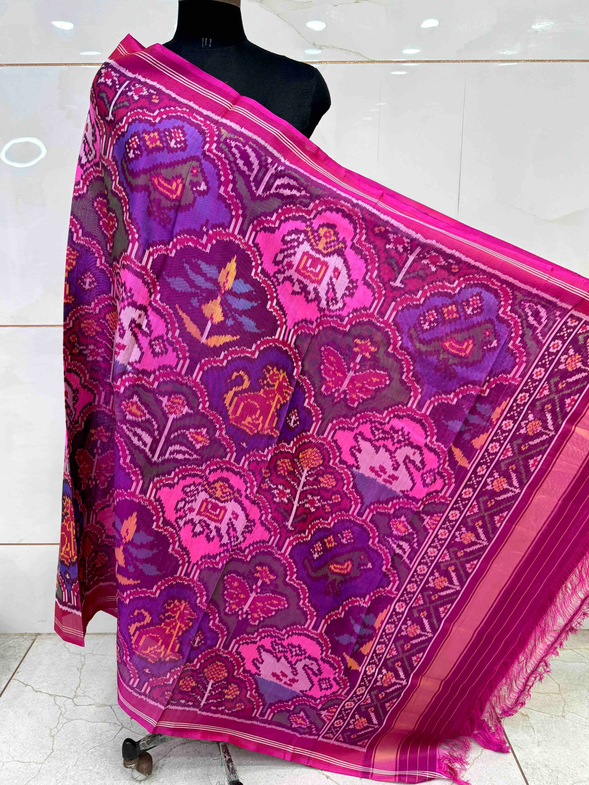 Pink & Multicolour Fancy Narikunj Semi Double Ikat Patola Dupatta