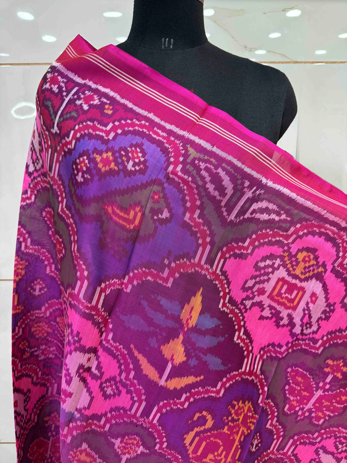 Pink & Multicolour Fancy Narikunj Semi Double Ikat Patola Dupatta