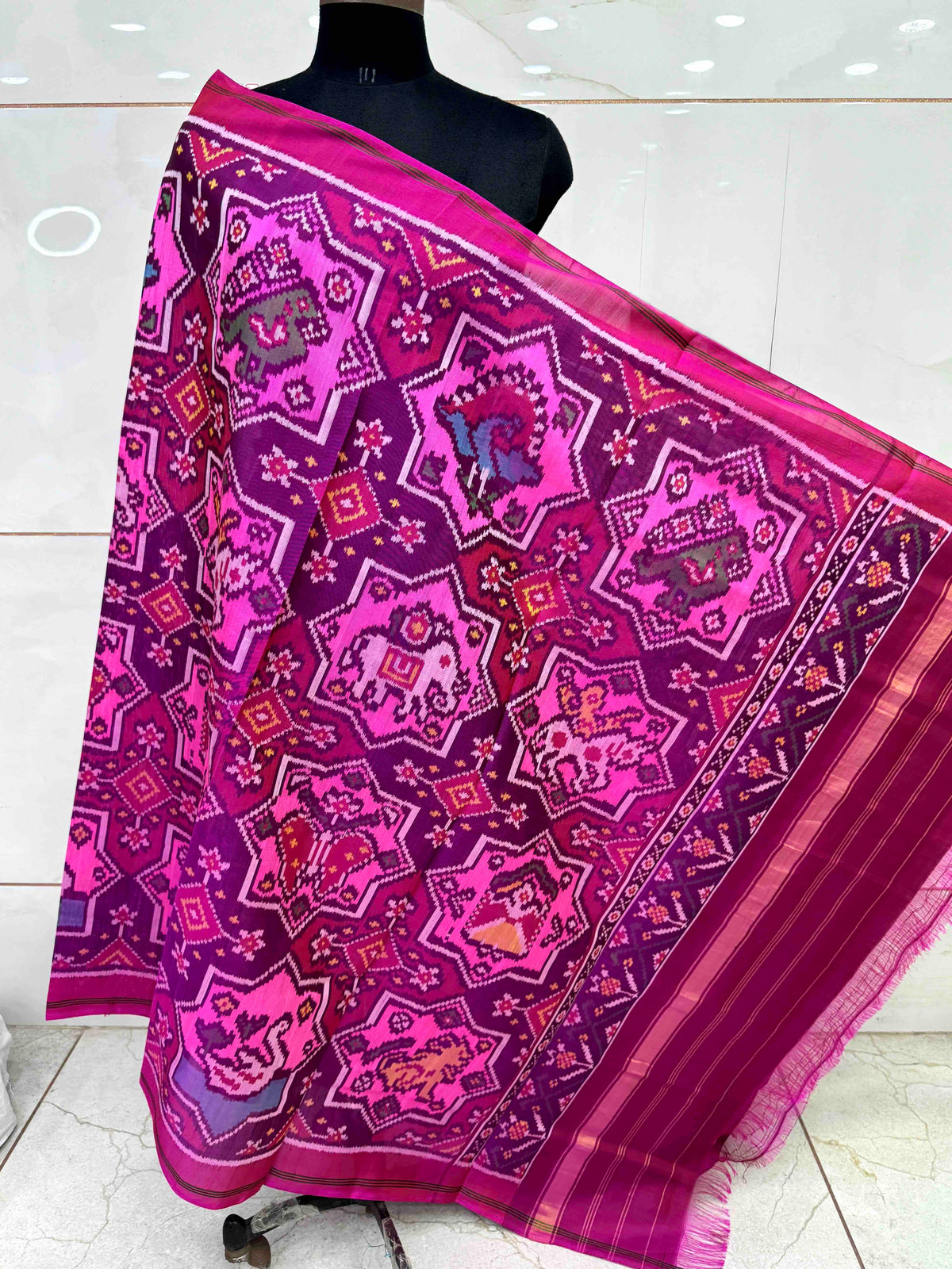 Pink & Multicolour Star Narikunj Semi Double Ikat Patola Dupatta