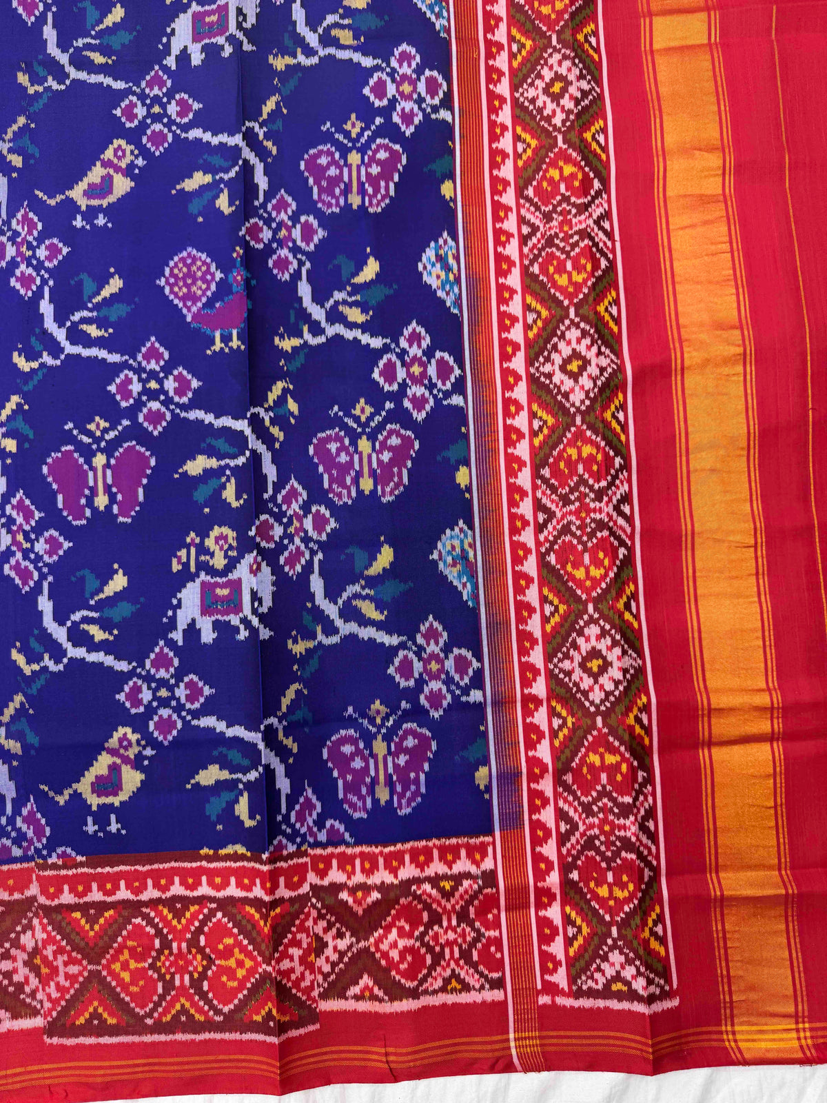 Red & Blue Fancy Leaves Narikunj Semi Double Ikat Patola Dupatta