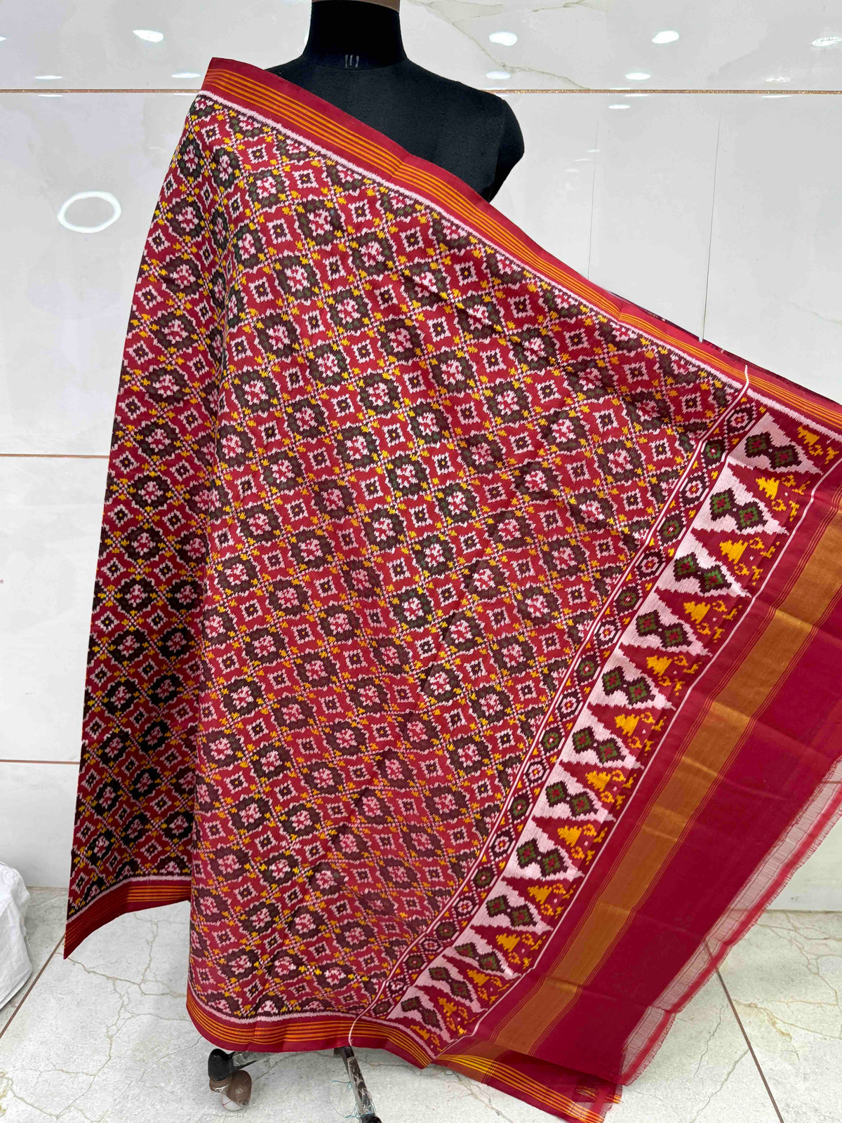 Red Buttonful Semi Double Ikat Patola Dupatta