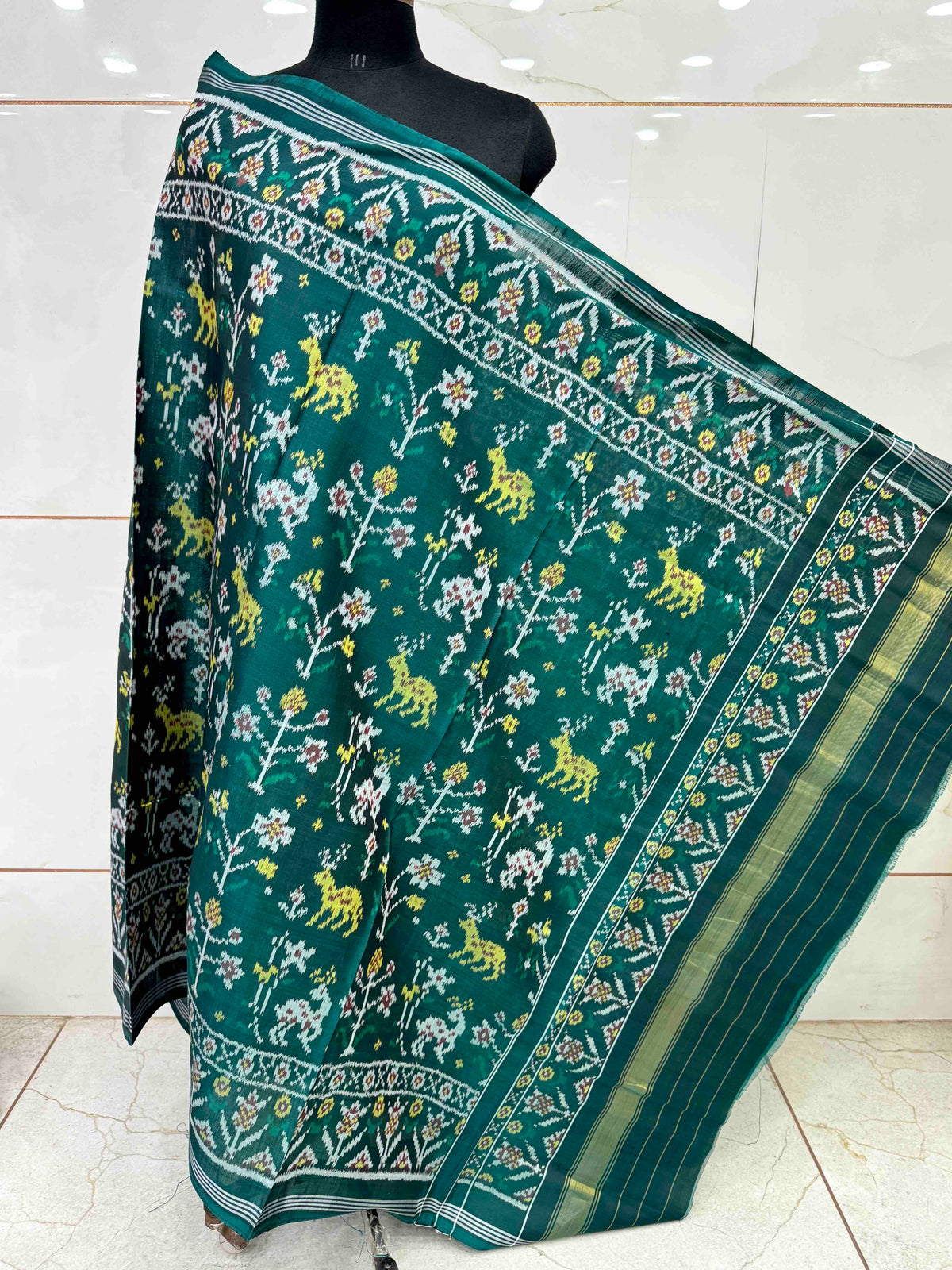 Turquoise Green Fancy Flower Deer Semi Double Ikat Patola Dupatta