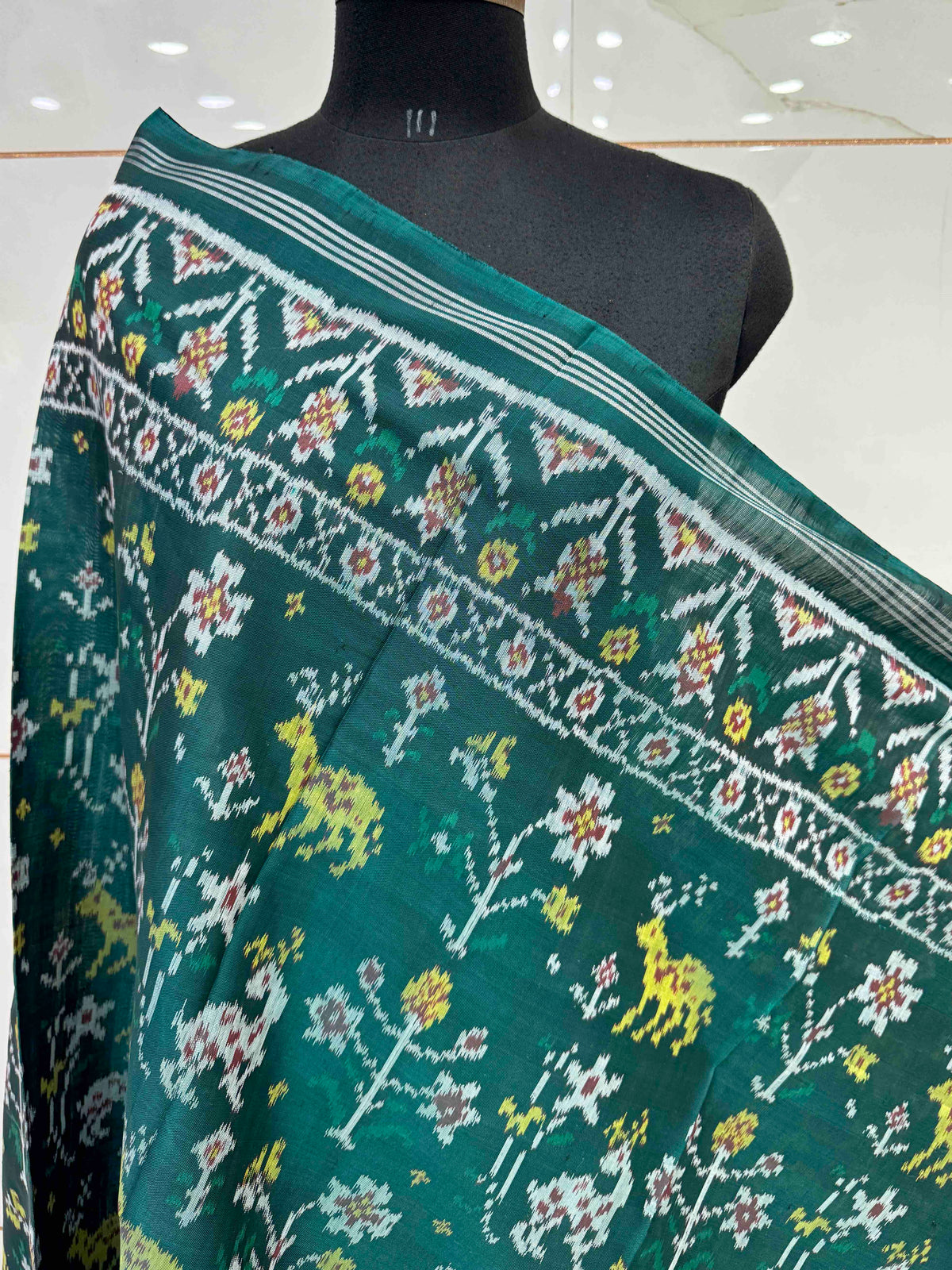 Turquoise Green Fancy Flower Deer Semi Double Ikat Patola Dupatta