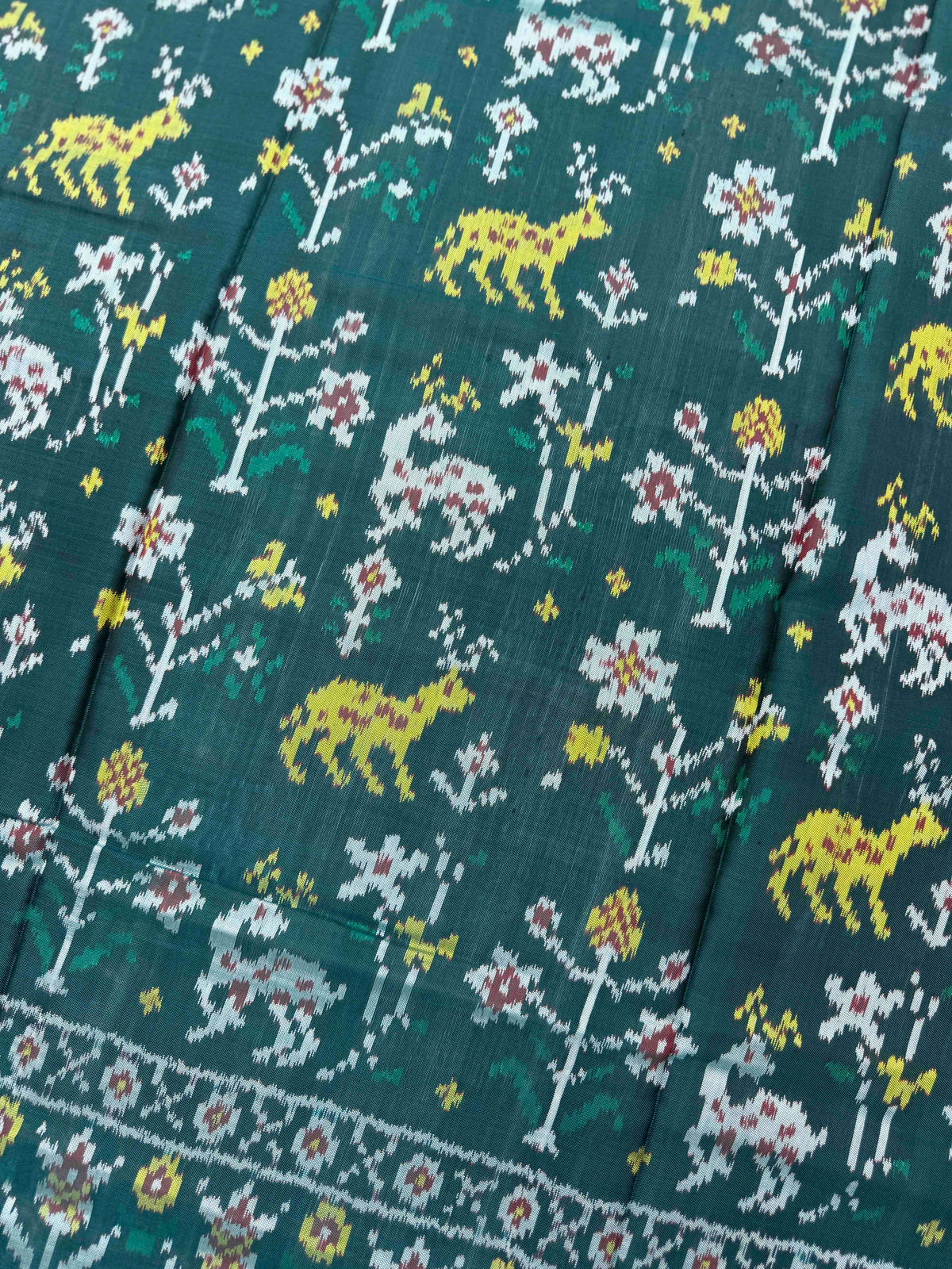 Turquoise Green Fancy Flower Deer Semi Double Ikat Patola Dupatta