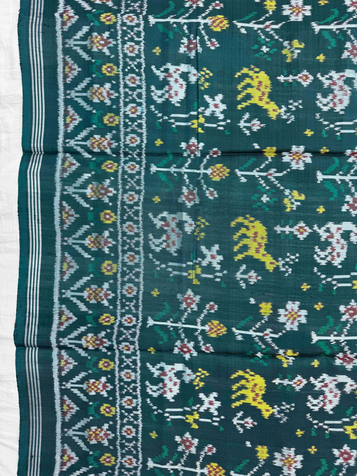 Turquoise Green Fancy Flower Deer Semi Double Ikat Patola Dupatta