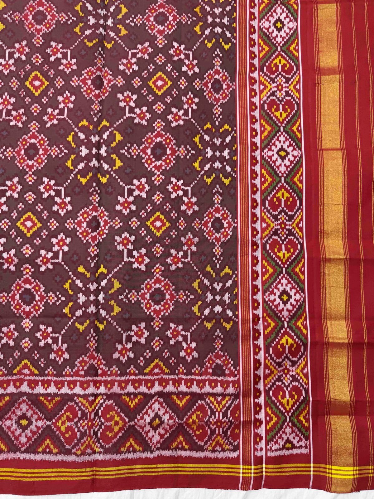 Red & Mehendi Navratan Semi Double Ikat Patola Dupatta