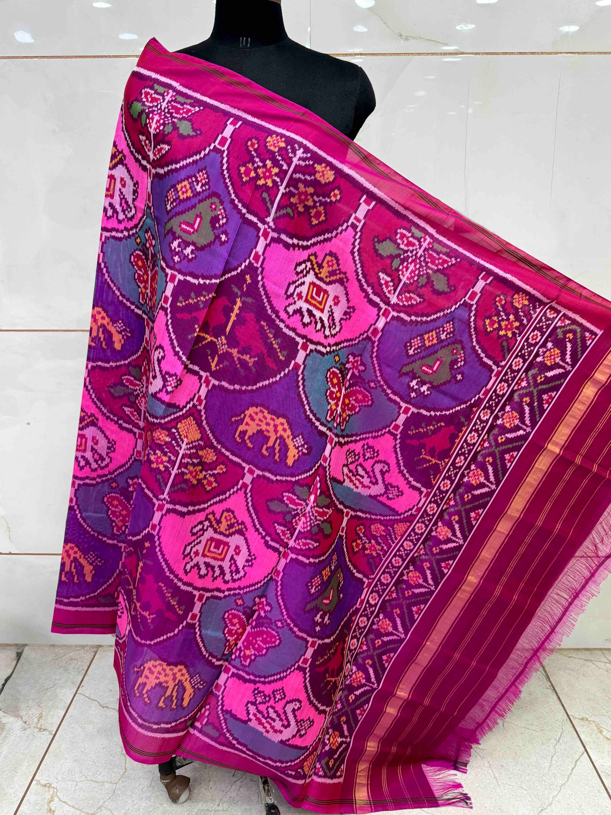 Pink & Multicolour Fancy Narikunj Semi Double Ikat Patola Dupatta