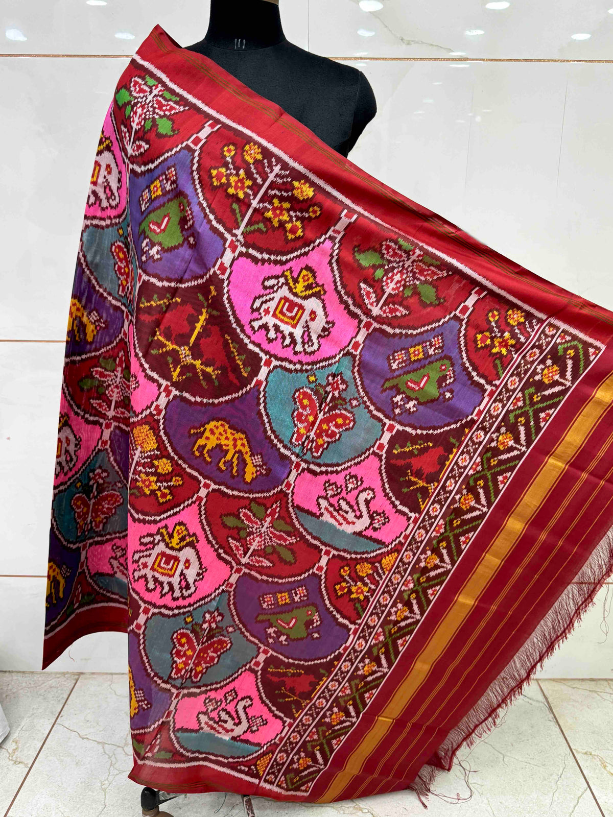 Red & Multicolour Fancy Narikunj Semi Double Ikat Patola Dupatta