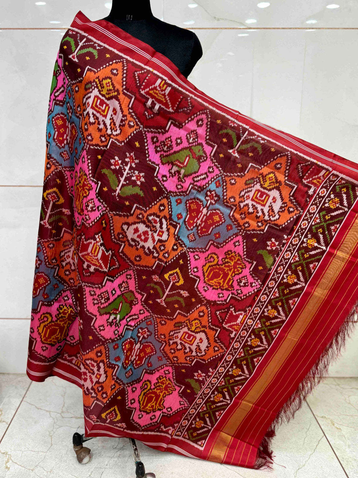 Red & Multicolour Fancy Narikunj Semi Double Ikat Patola Dupatta