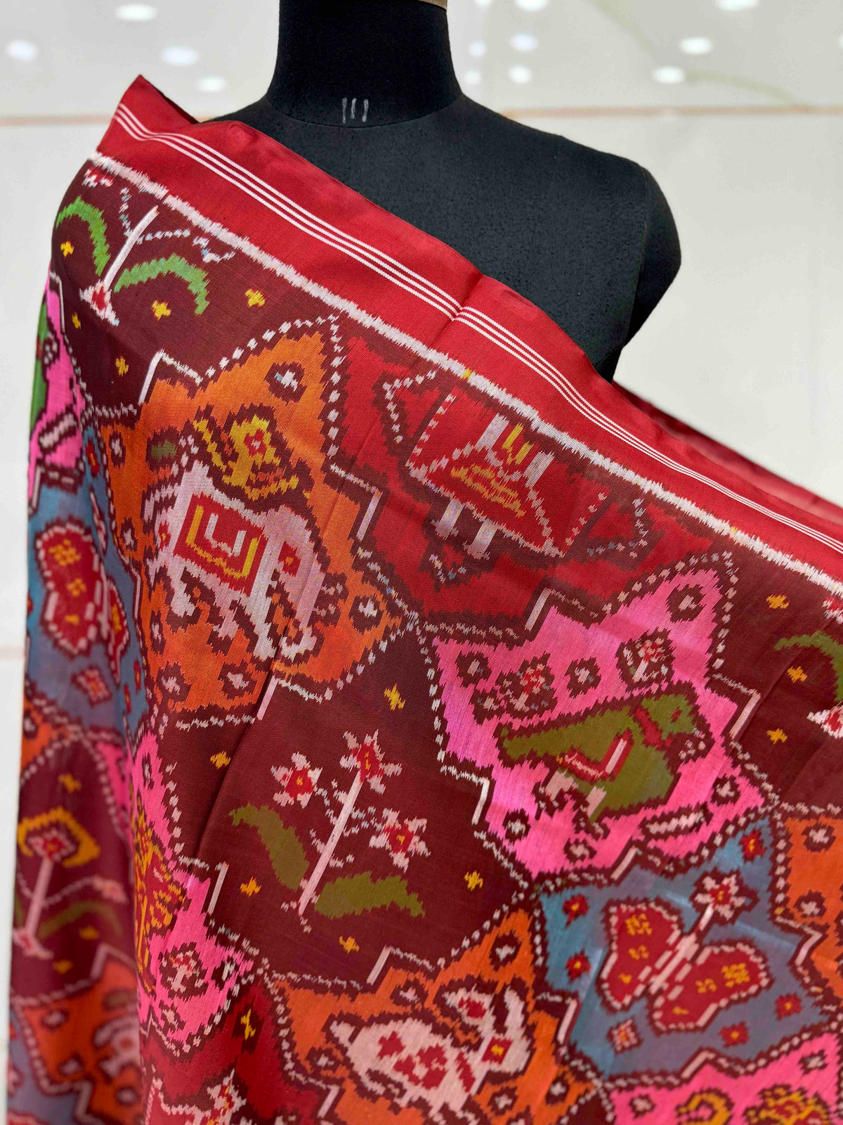 Red & Multicolour Fancy Narikunj Semi Double Ikat Patola Dupatta