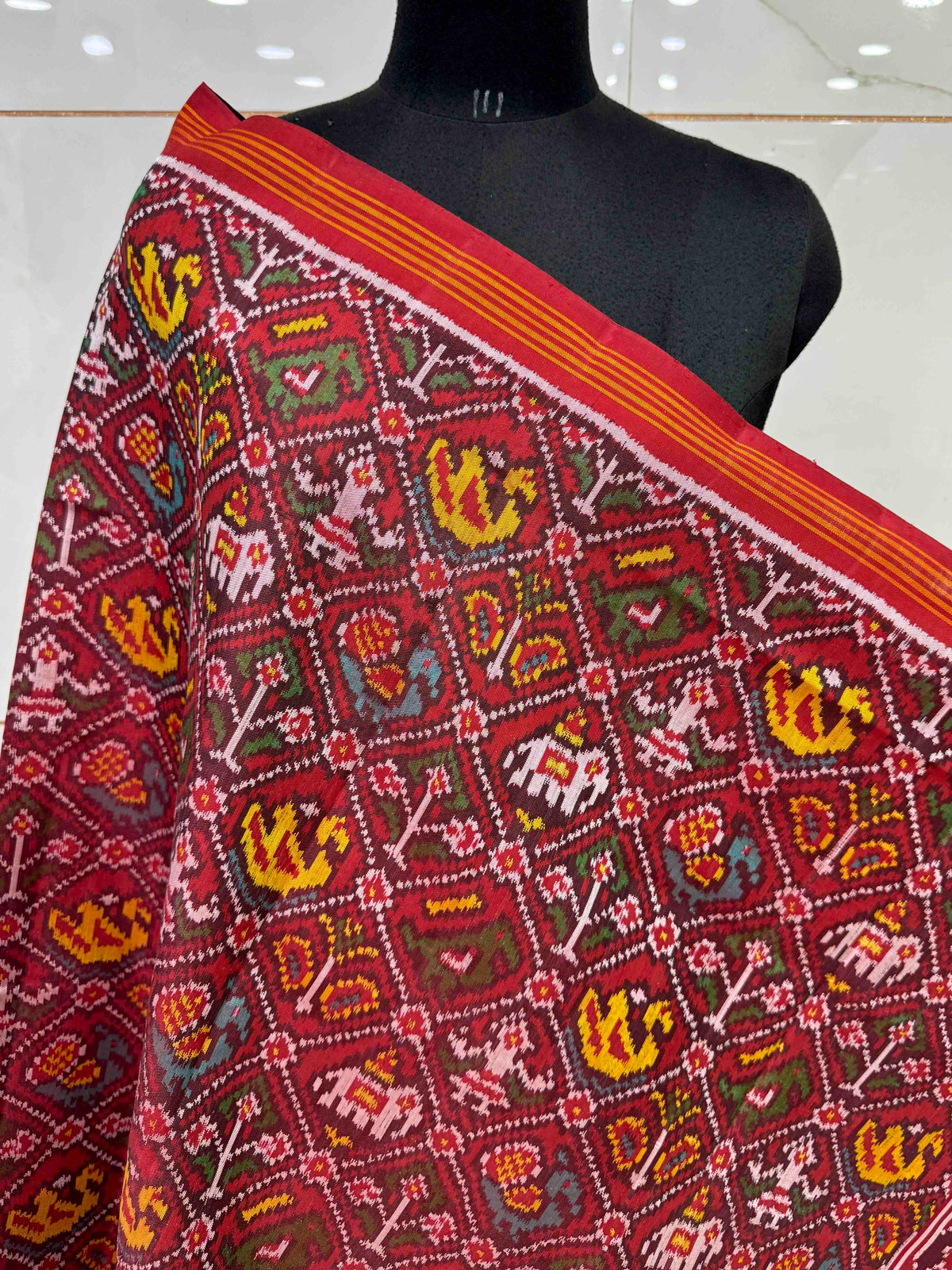 Red Small Narikunj Semi Double Ikat Patola Dupatta
