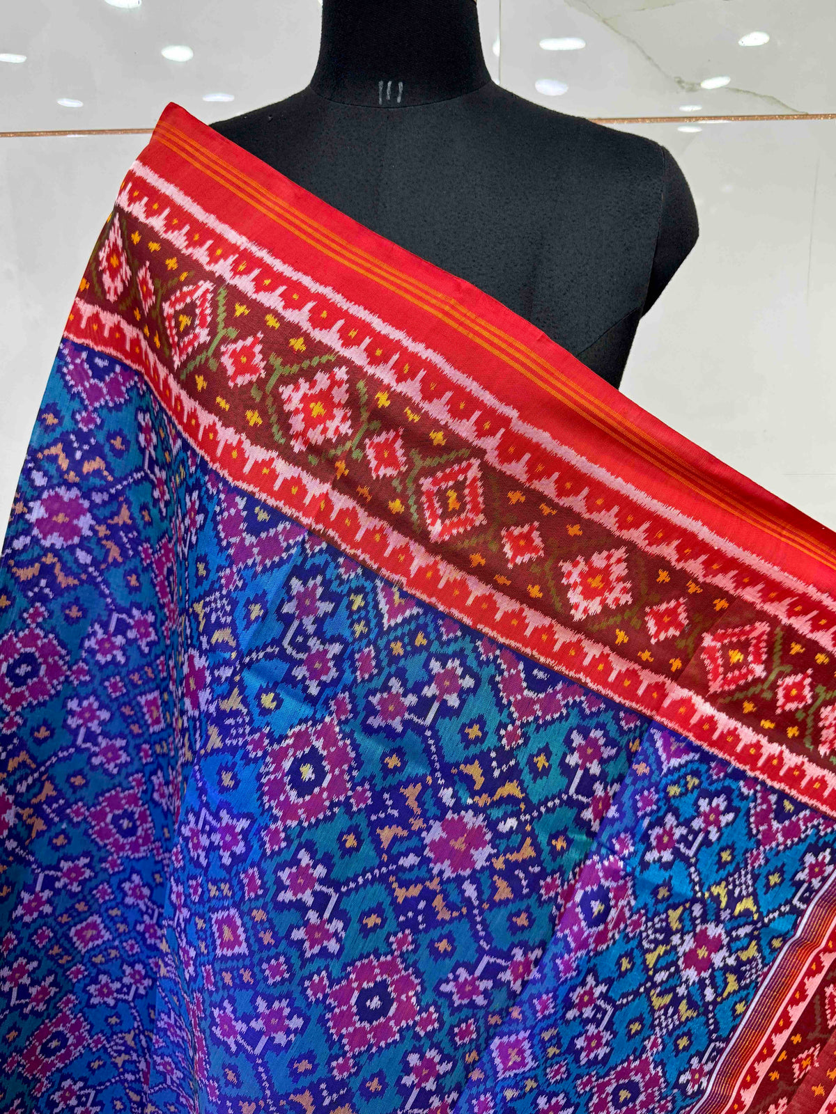 Red & Sky Blue Navratan Semi Double Ikat Patola Dupatta